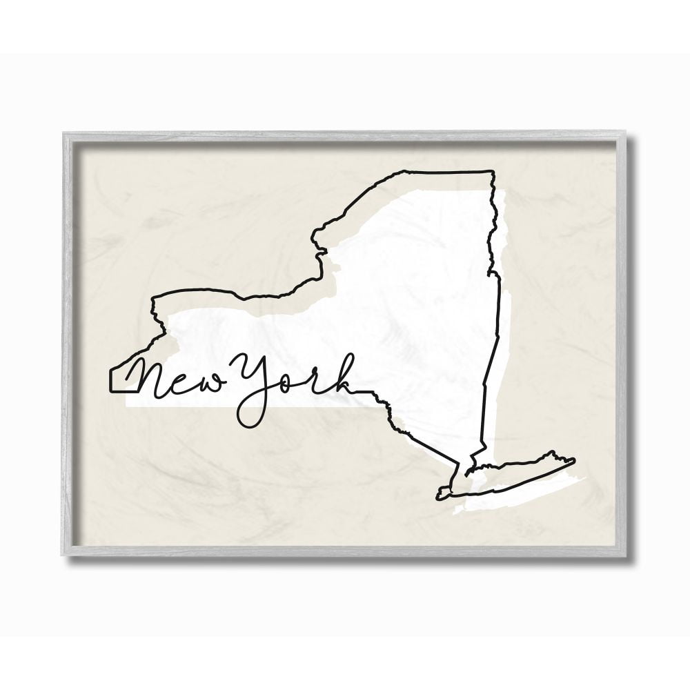 Stupell Industries New York Home State Map Neutral Print Design Gray Farmhouse Rustic Framed Giclee Texturized Art by Daphne Polselli