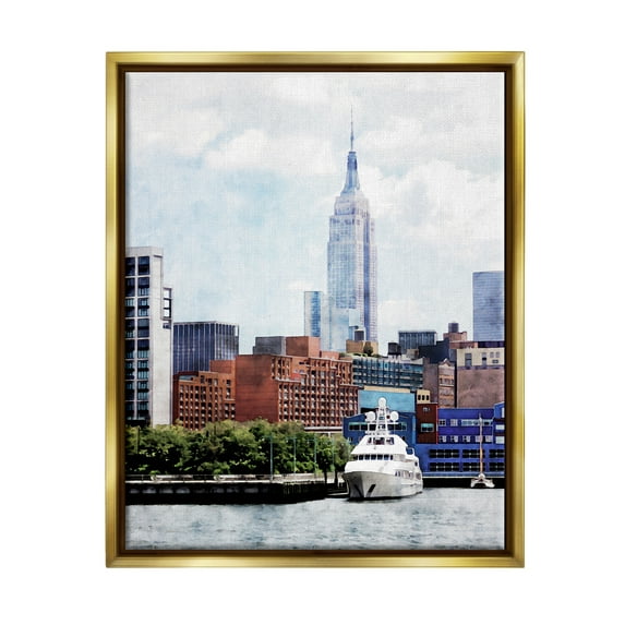 Stupell Industries New York Pier Metropolis Skyline Town & City Painting Gold Floater Framed Art Print Wall Art