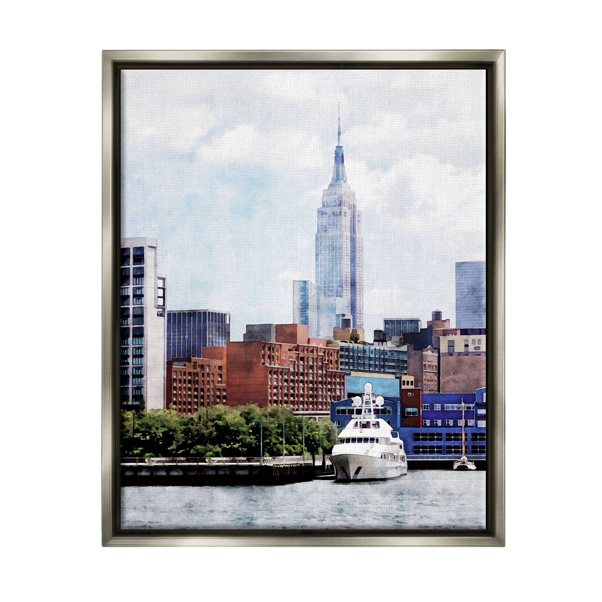 Stupell Industries New York Pier Metropolis Skyline Town & City Painting Gray Floater Framed Art Print Wall Art