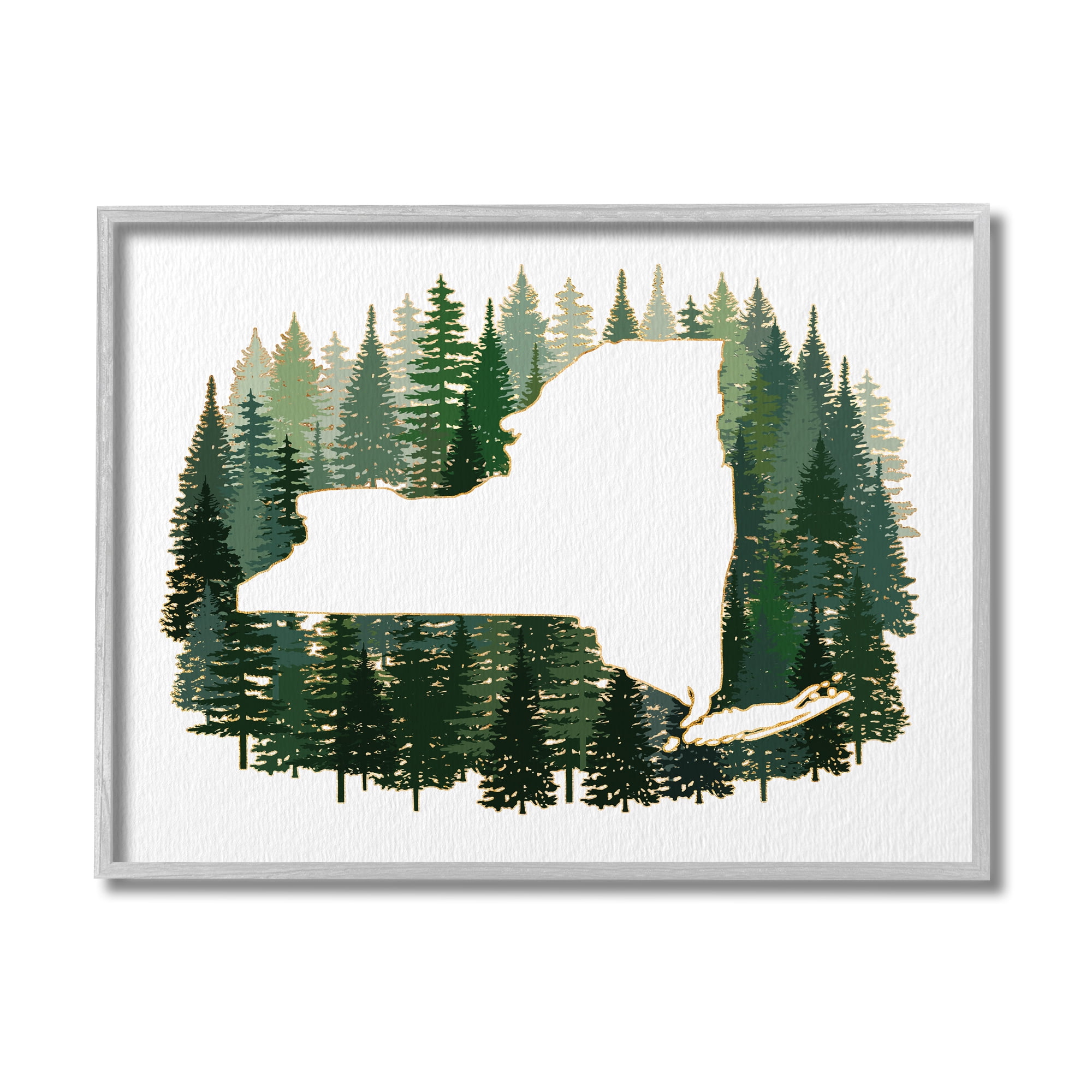 Stupell Industries New York State Outline Green Forest Pine Trees Town & City Painting Gray Framed Art Print Wall Art, 11 x 14