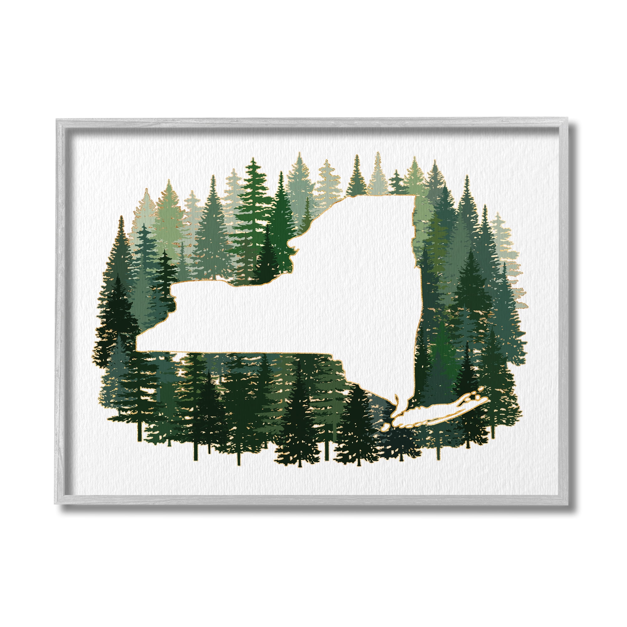 Stupell Industries New York State Outline Green Forest Pine Trees Town & City Painting Gray Framed Art Print Wall Art, 16 x 20