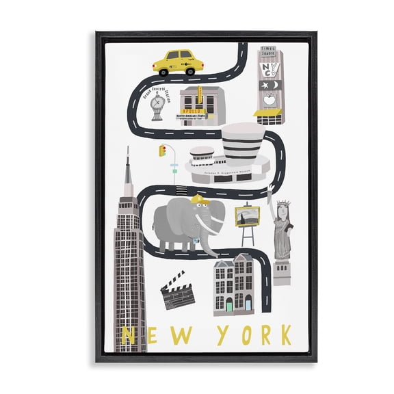 Stupell Industries New York Whimsical Travel City Cityscapes Painting Black Floater Framed Canvas Art Print Wall Art, 17 x 25