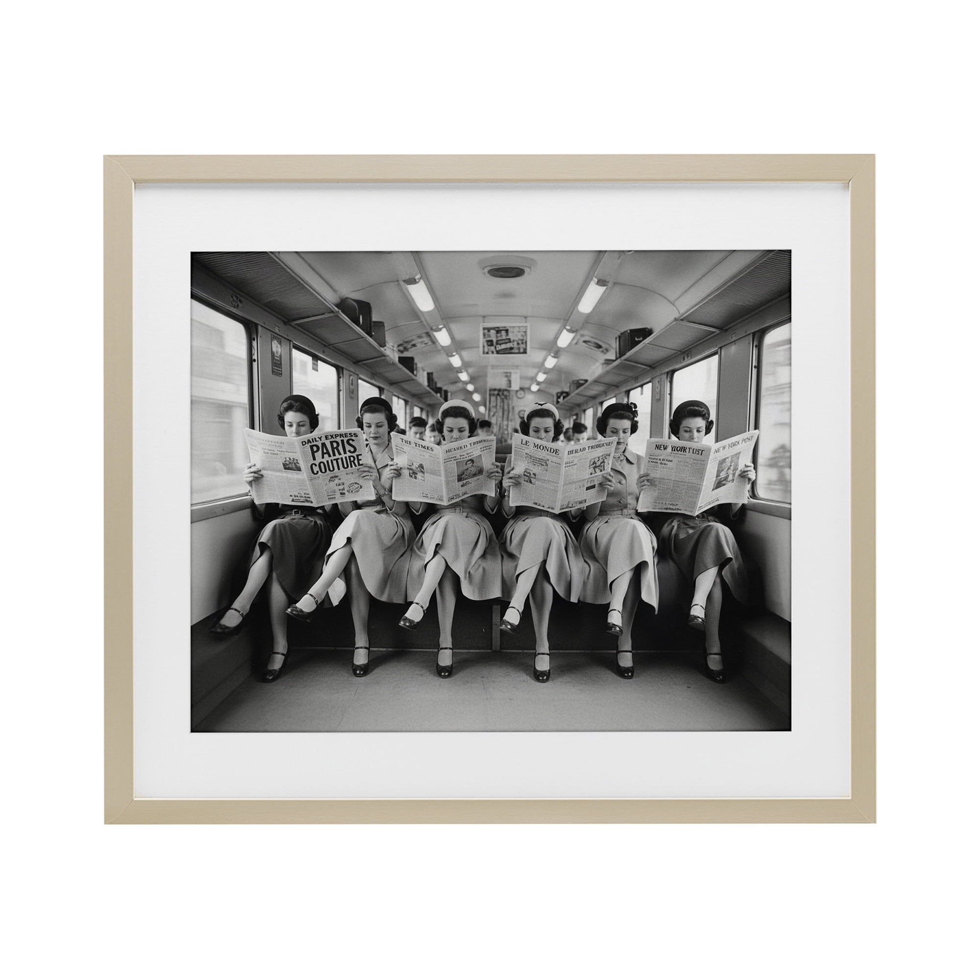 Stupell Industries Newsprint Ladies on Train Birch Framed Print Under Glass, design by A Barefoot Stylist