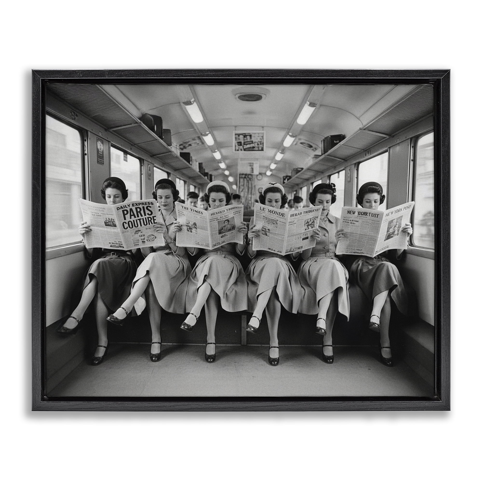 Stupell Industries Newsprint Ladies on Train Black Framed Floater Canvas Wall Art, design by A Barefoot Stylist