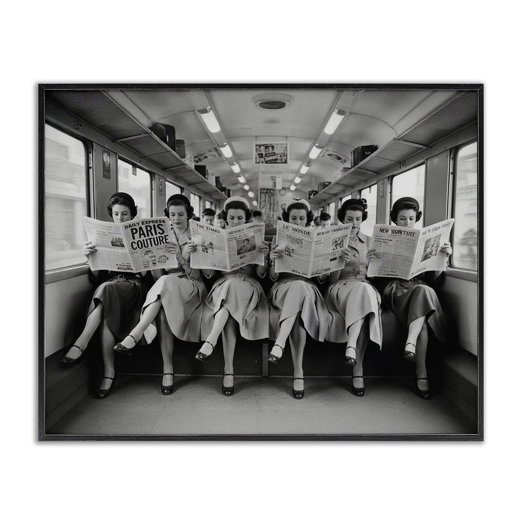 Stupell Industries Newsprint Ladies on Train Black Framed Giclee Art, design by A Barefoot Stylist