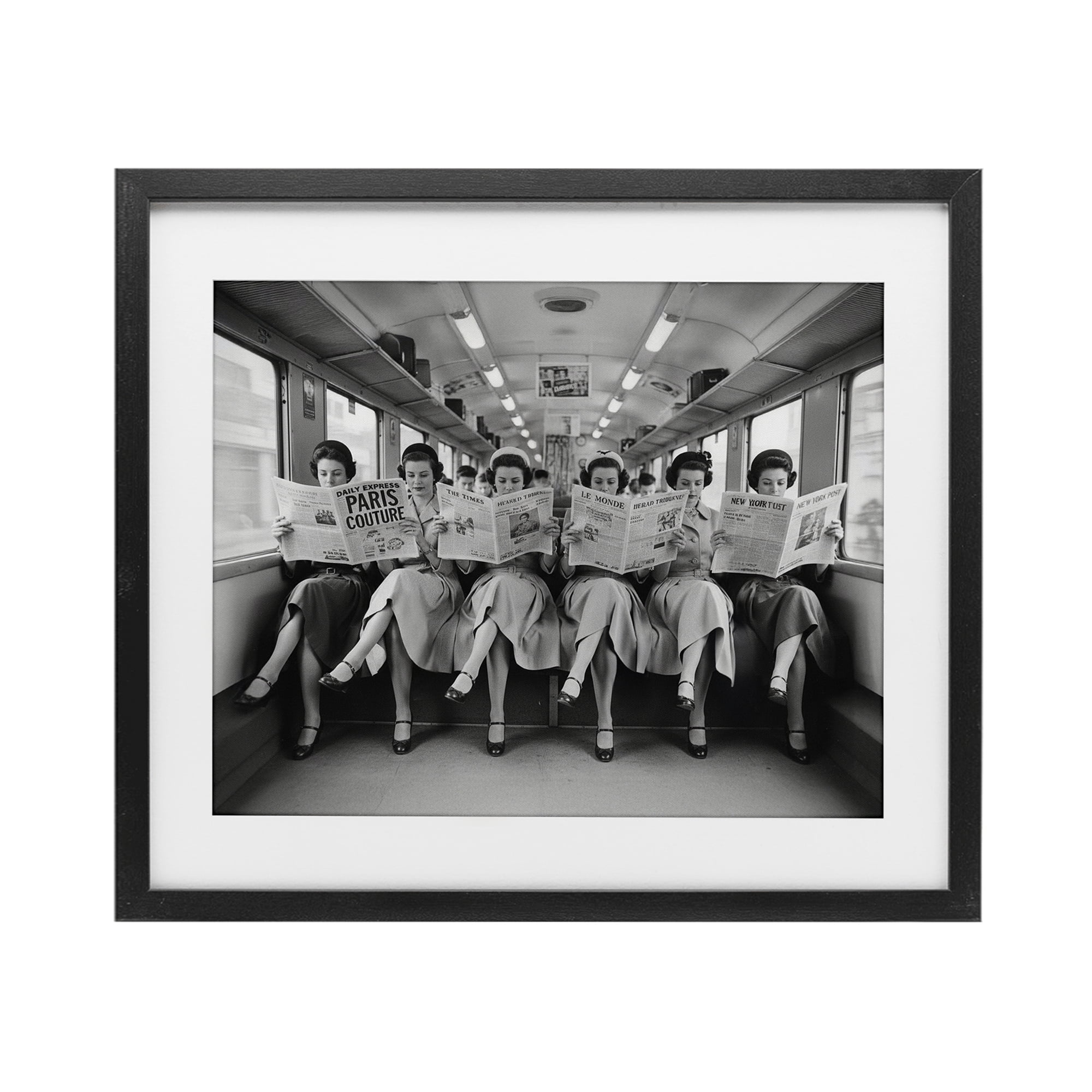 Stupell Industries Newsprint Ladies on Train Black Framed Print Under Glass, design by A Barefoot Stylist