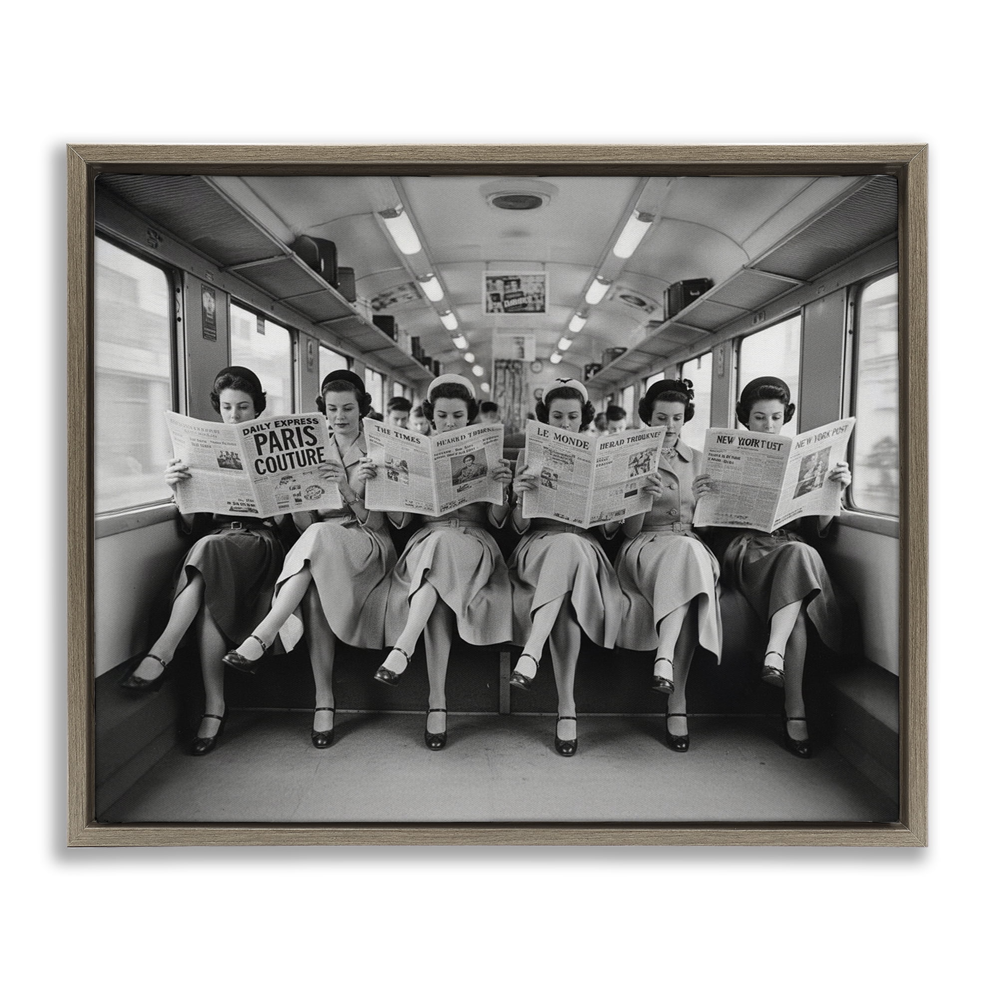 Stupell Industries Newsprint Ladies on Train Brown Framed Floater Canvas Wall Art, design by A Barefoot Stylist