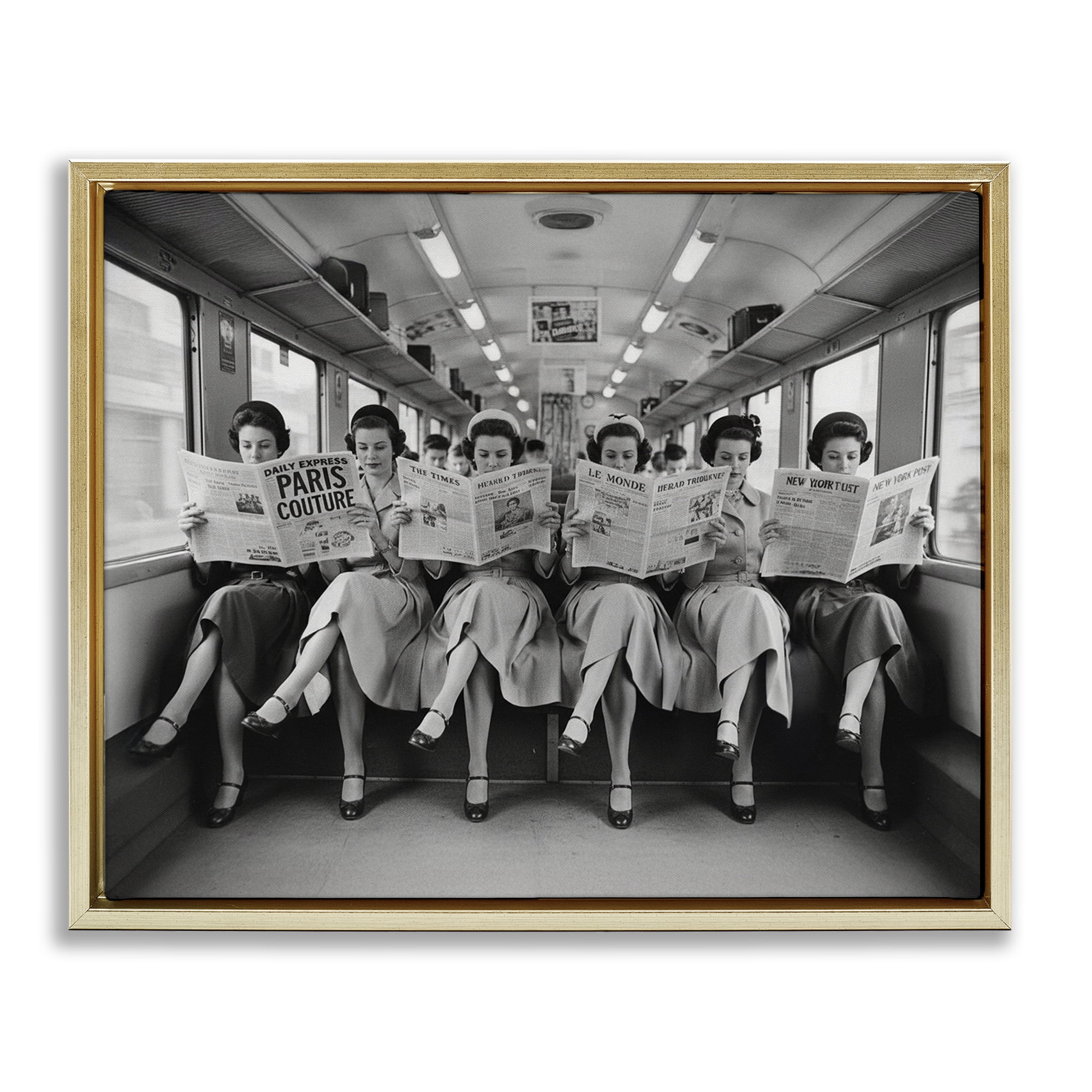 Stupell Industries Newsprint Ladies on Train Gold Framed Floater Canvas Wall Art, design by A Barefoot Stylist