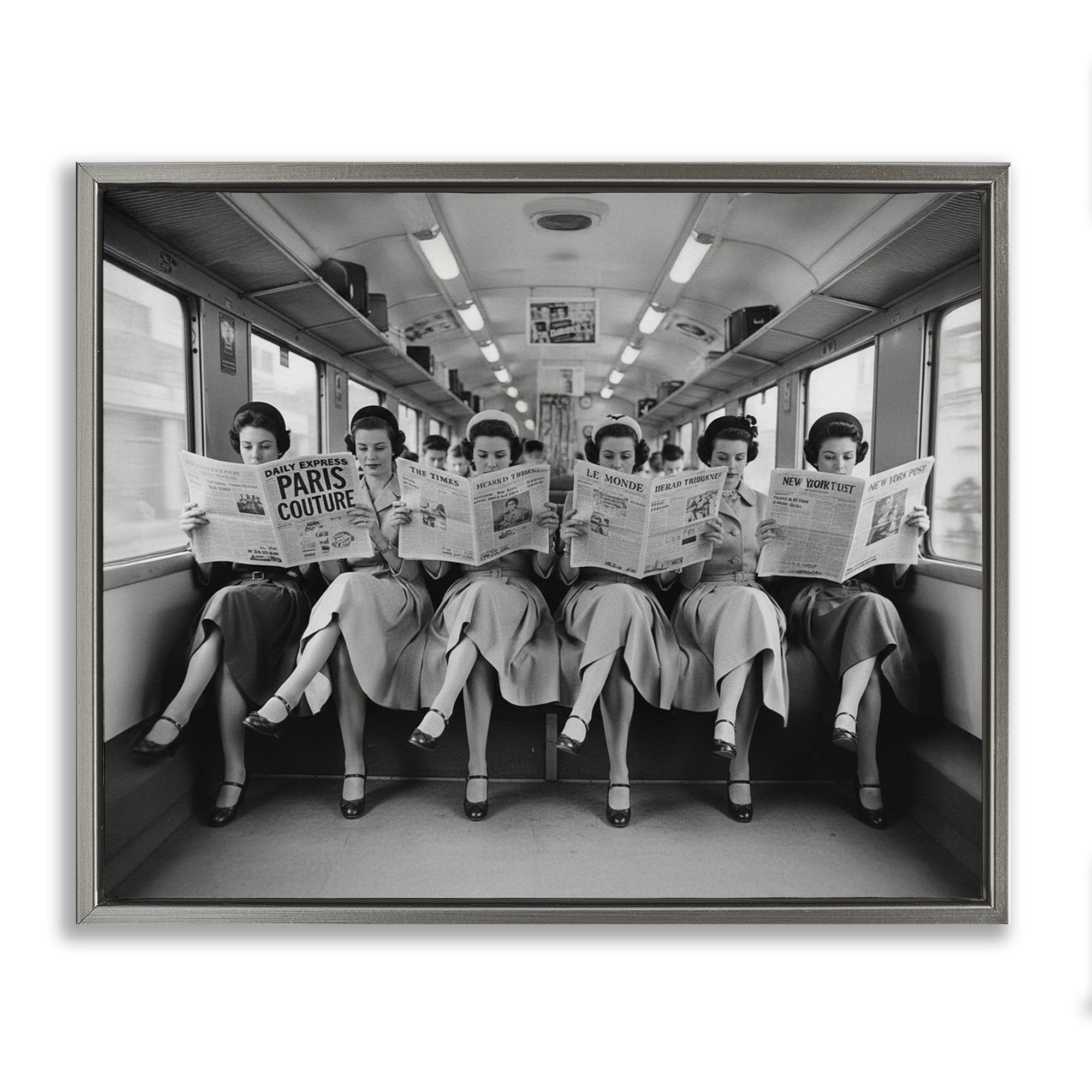 Stupell Industries Newsprint Ladies on Train Gray Framed Floater Canvas Wall Art, design by A Barefoot Stylist