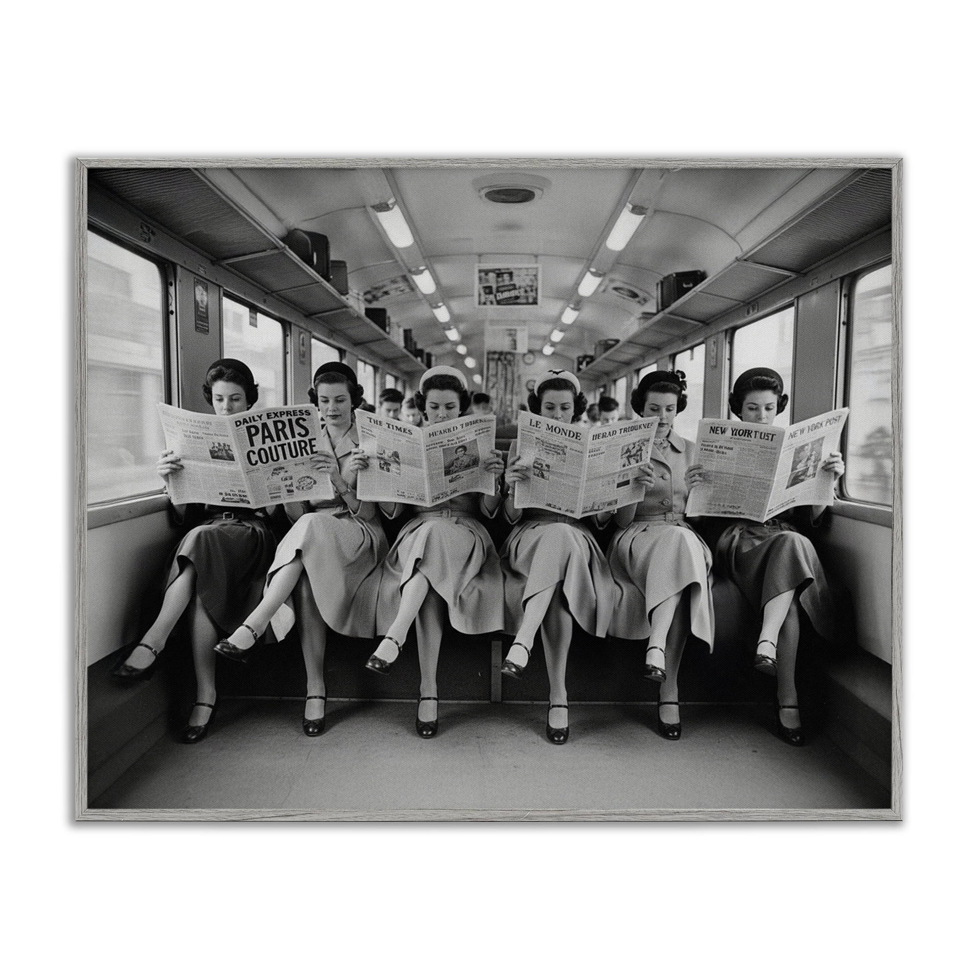 Stupell Industries Newsprint Ladies on Train Gray Framed Giclee Art, design by A Barefoot Stylist