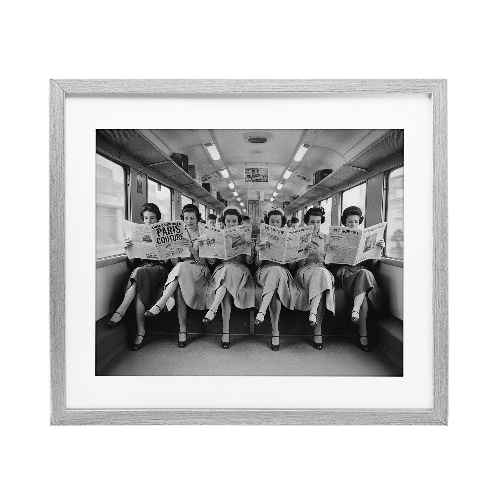 Stupell Industries Newsprint Ladies on Train Gray Framed Print Under Glass, design by A Barefoot Stylist