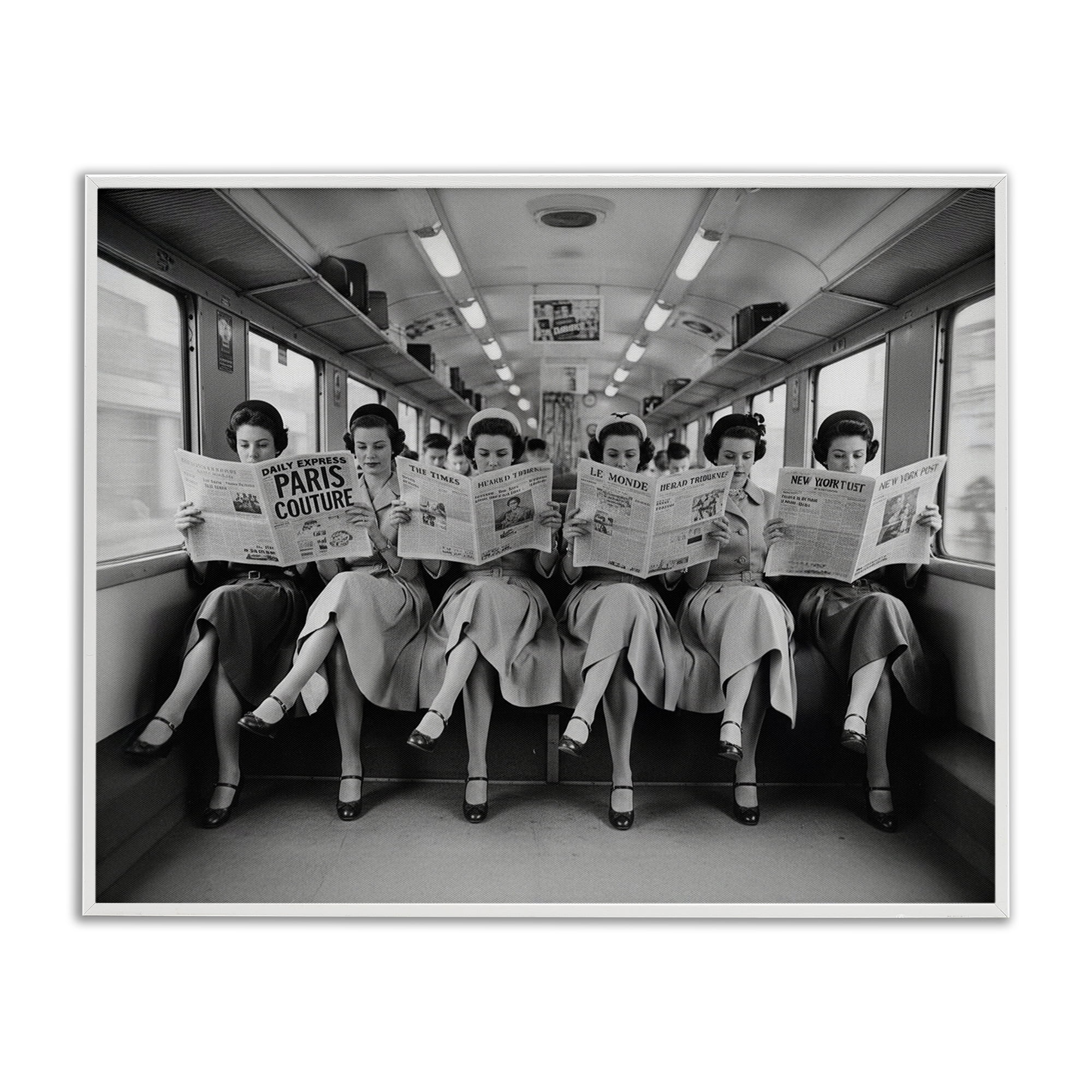 Stupell Industries Newsprint Ladies on Train White Framed Giclee Art, design by A Barefoot Stylist