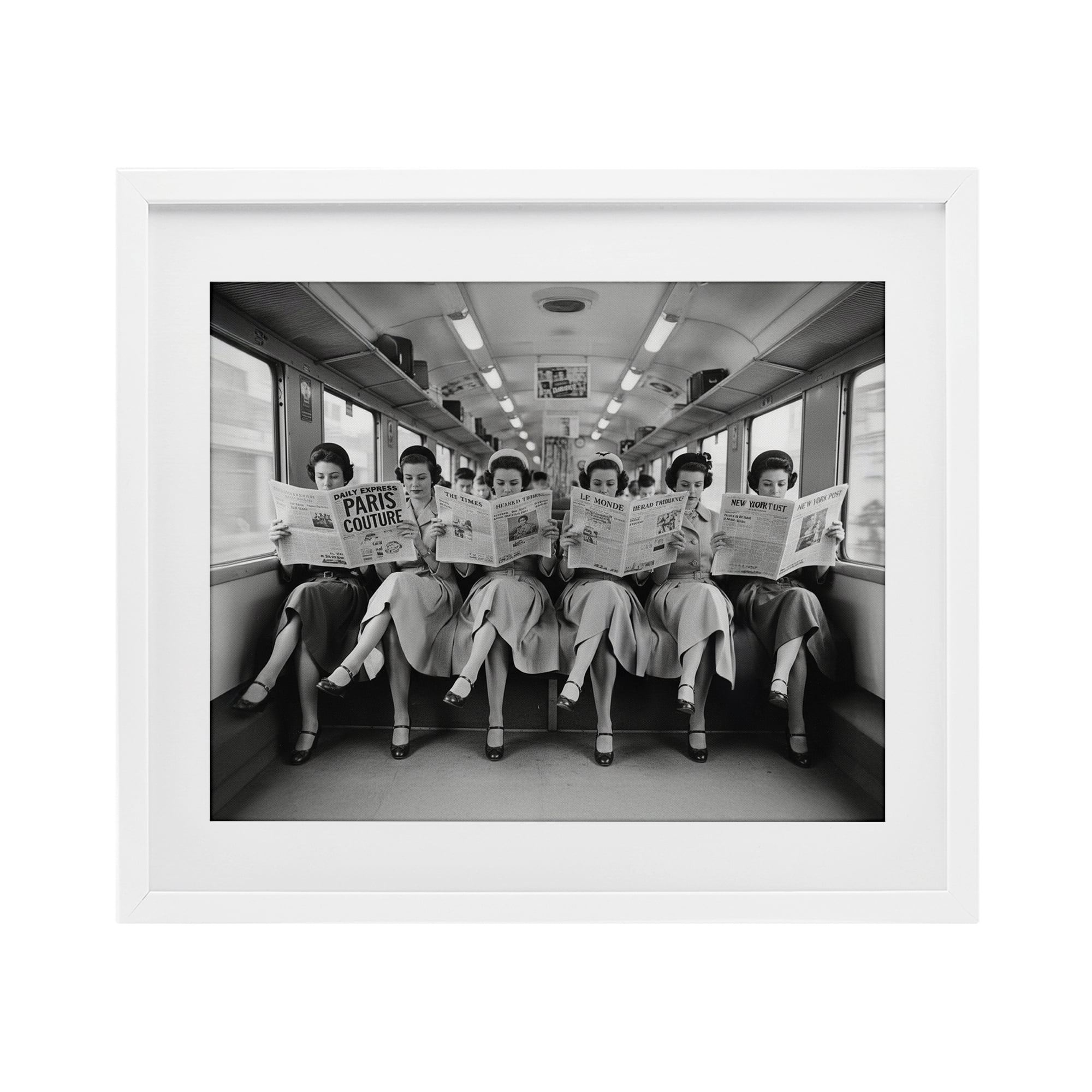 Stupell Industries Newsprint Ladies on Train White Framed Print Under Glass, design by A Barefoot Stylist