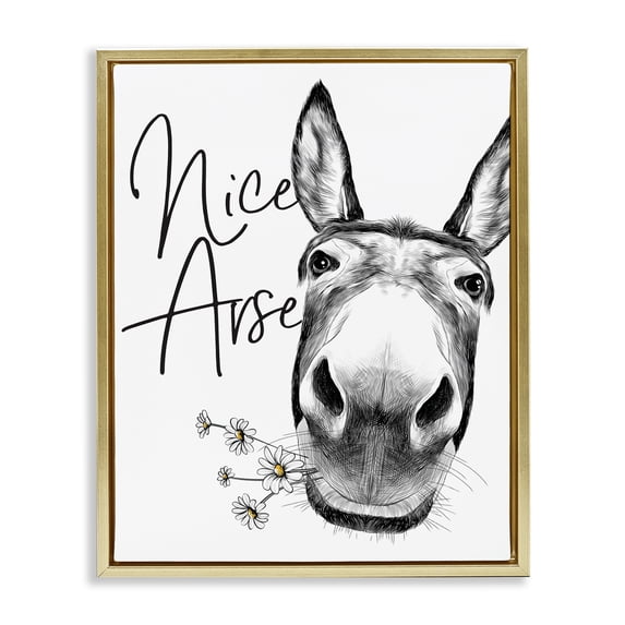 Stupell Industries Nice Arse Donkey Pun Animals & Insects Painting Gold Floater Framed Canvas Art Print Wall Art, 17 x 21