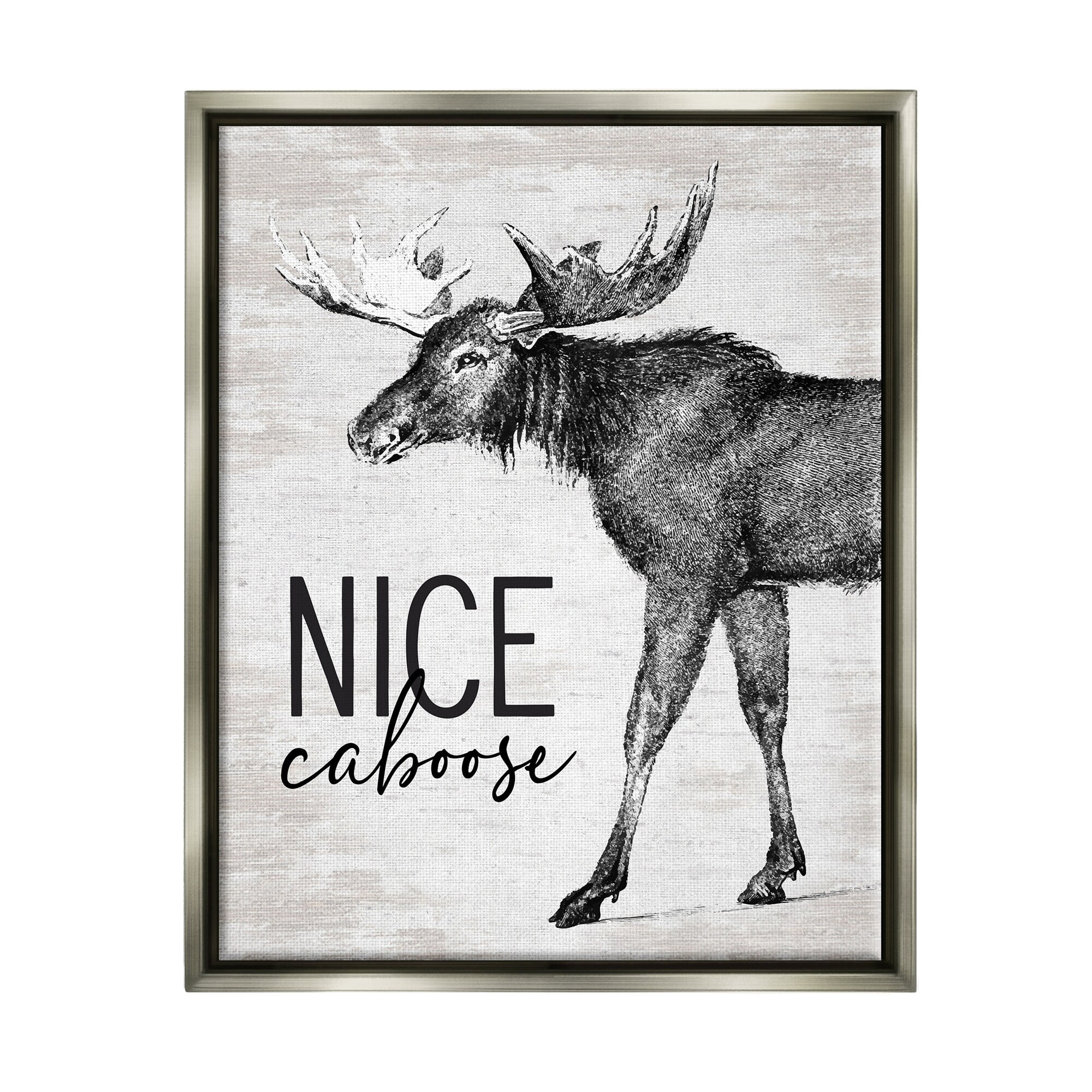 Stupell Industries Nice Caboose Lake House Bathroom Humor Moose Graphic Art Luster Gray Floating Framed Canvas Print Wall Art, Design by Lettered and Lined