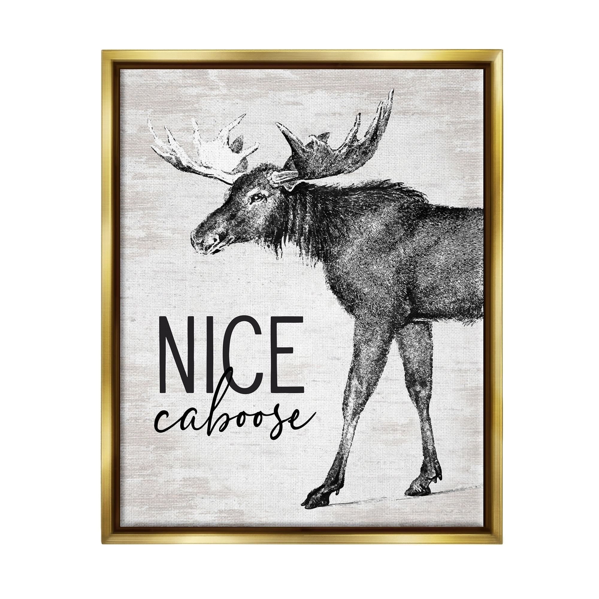 Stupell Industries Nice Caboose Lake House Bathroom Humor Moose Graphic Art Metallic Gold Floating Framed Canvas Print Wall Art, Design by Lettered and Lined
