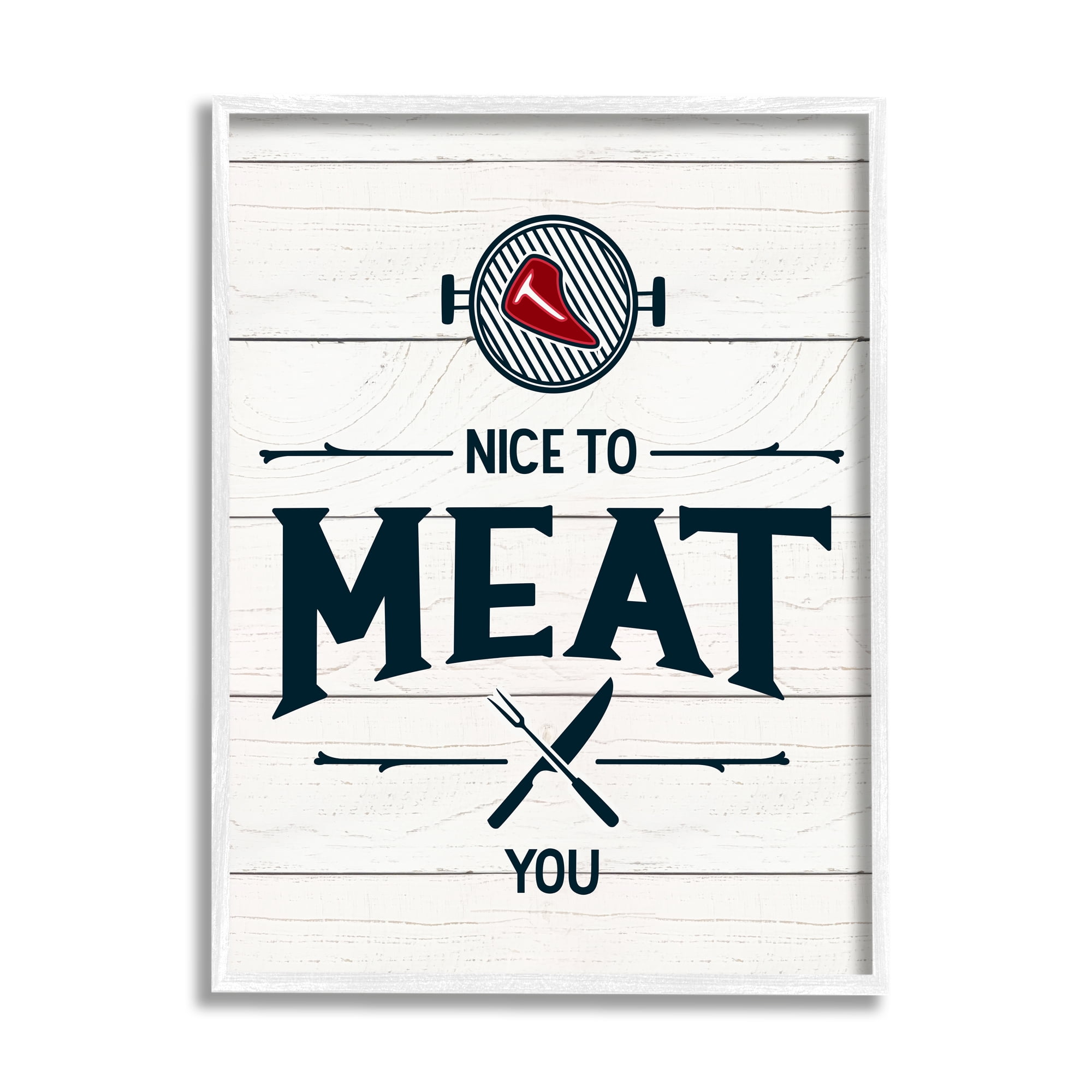 Stupell Industries Nice to Meat You Phrase Funny BBQ Pun Food & Beverage Painting White Framed Art Print Wall Art, 16 x 20