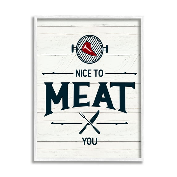 Stupell Industries Nice to Meat You Phrase Funny BBQ Pun Food & Beverage Painting White Framed Art Print Wall Art, 16 x 20