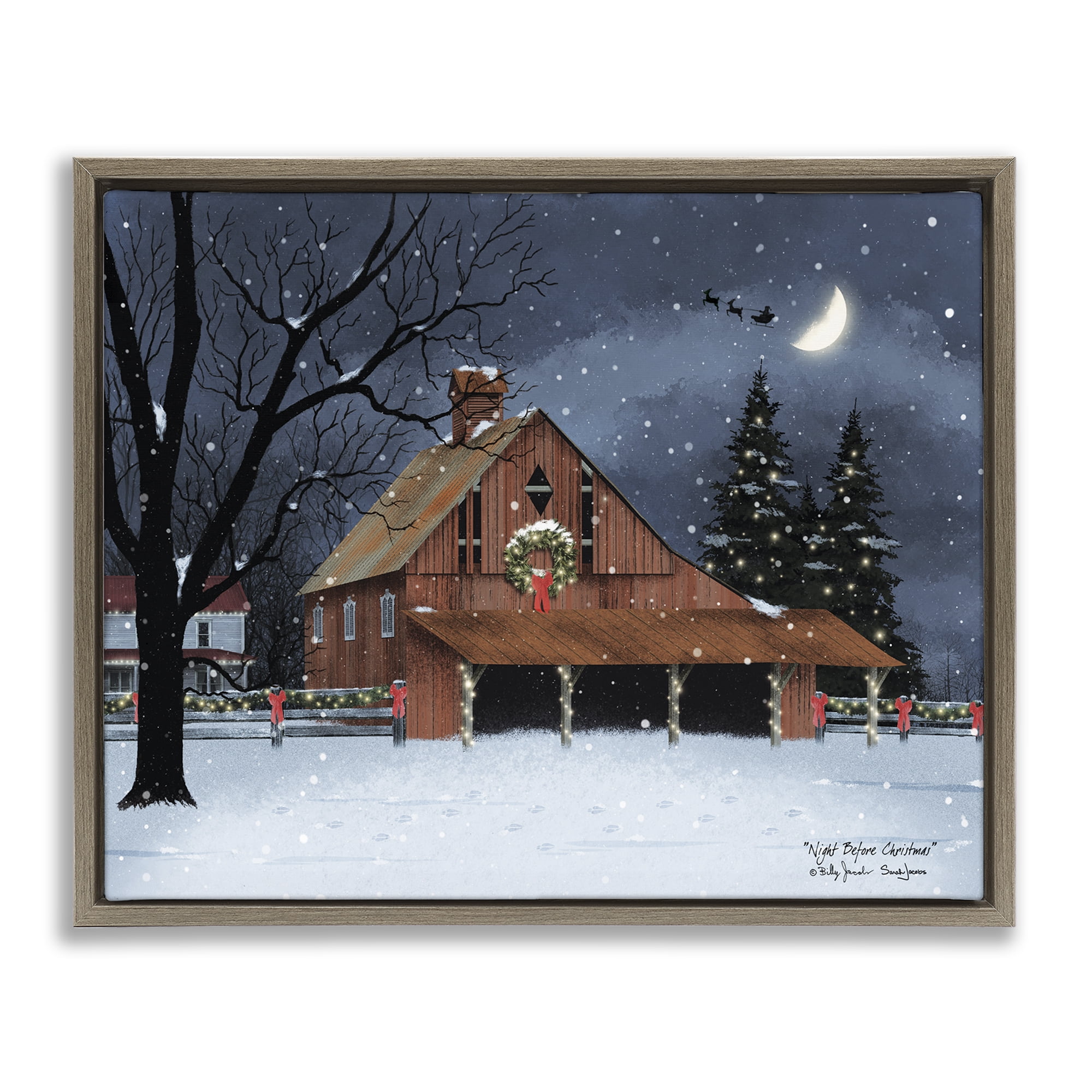 Stupell Industries Night Before Christmas Barn Landscape & Nature Painting Brown Floater Framed Canvas Art Print Wall Art, 21 x 17