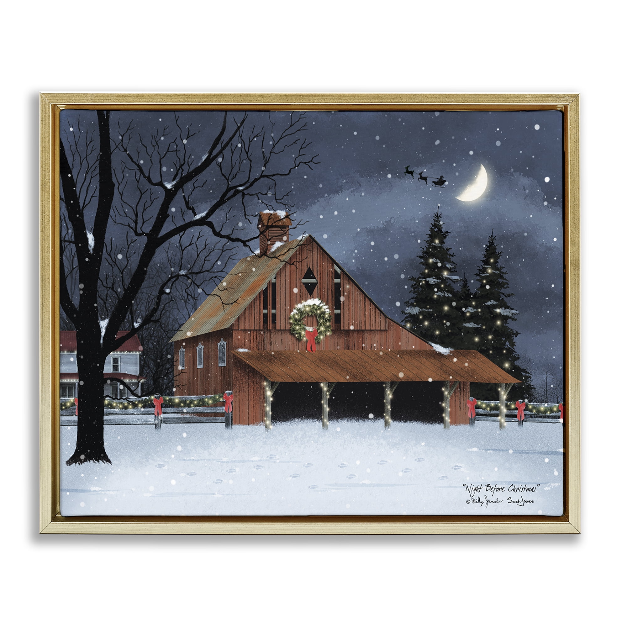 Stupell Industries Night Before Christmas Barn Landscape & Nature Painting Gold Floater Framed Canvas Art Print Wall Art, 31 x 25