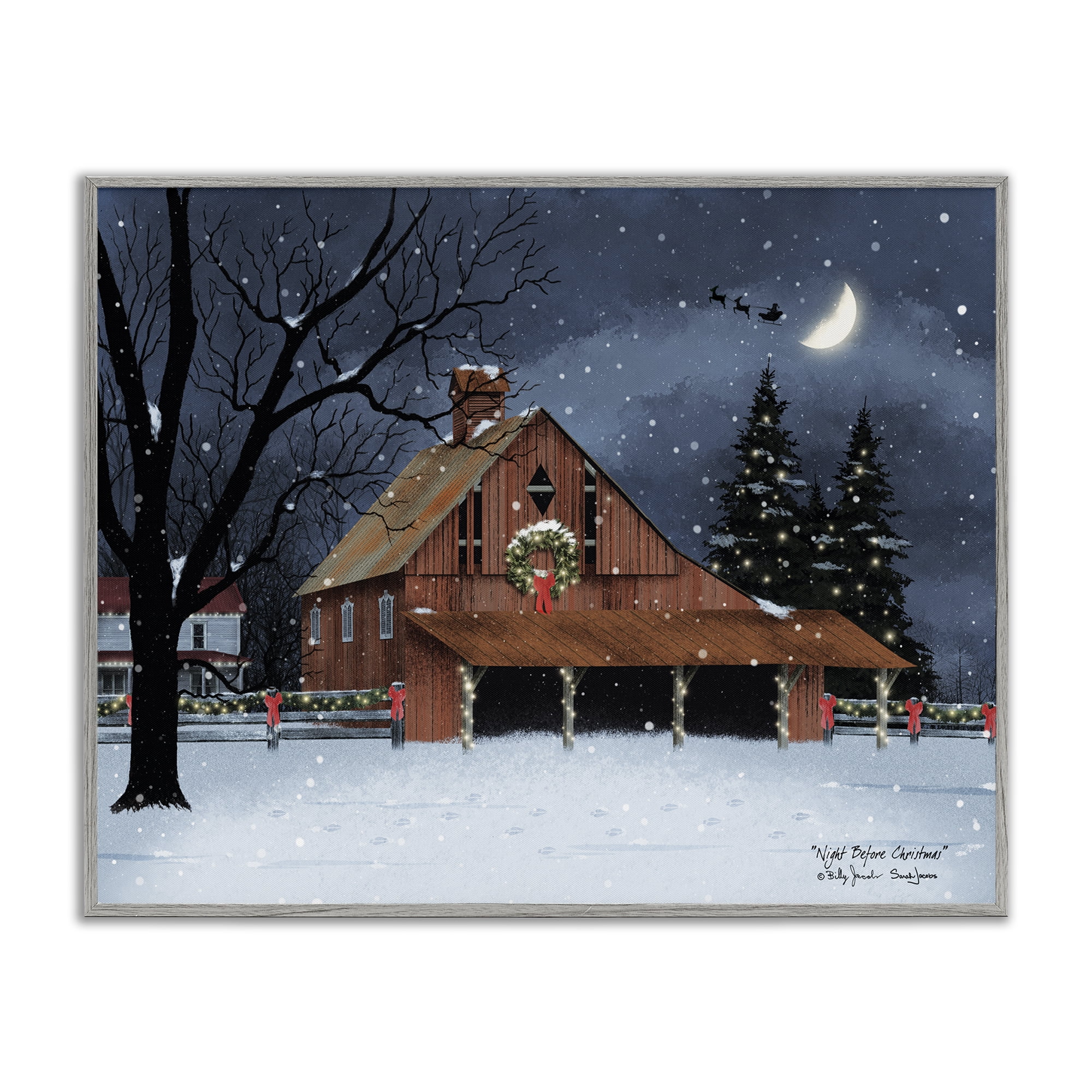 Stupell Industries Night Before Christmas Barn Landscape & Nature Painting Gray Framed Art Print Wall Art, 20 x 16