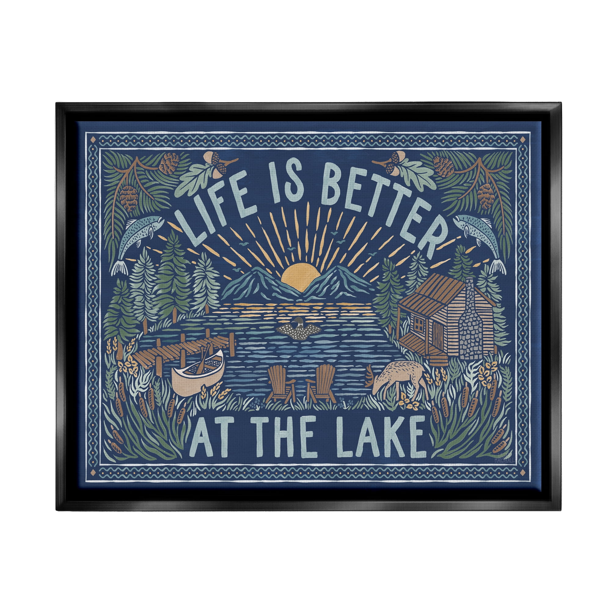 Stupell Industries Night Lake Scene Phrase Nature Painting Black Floater Framed Art Print Wall Art, 21 x 17