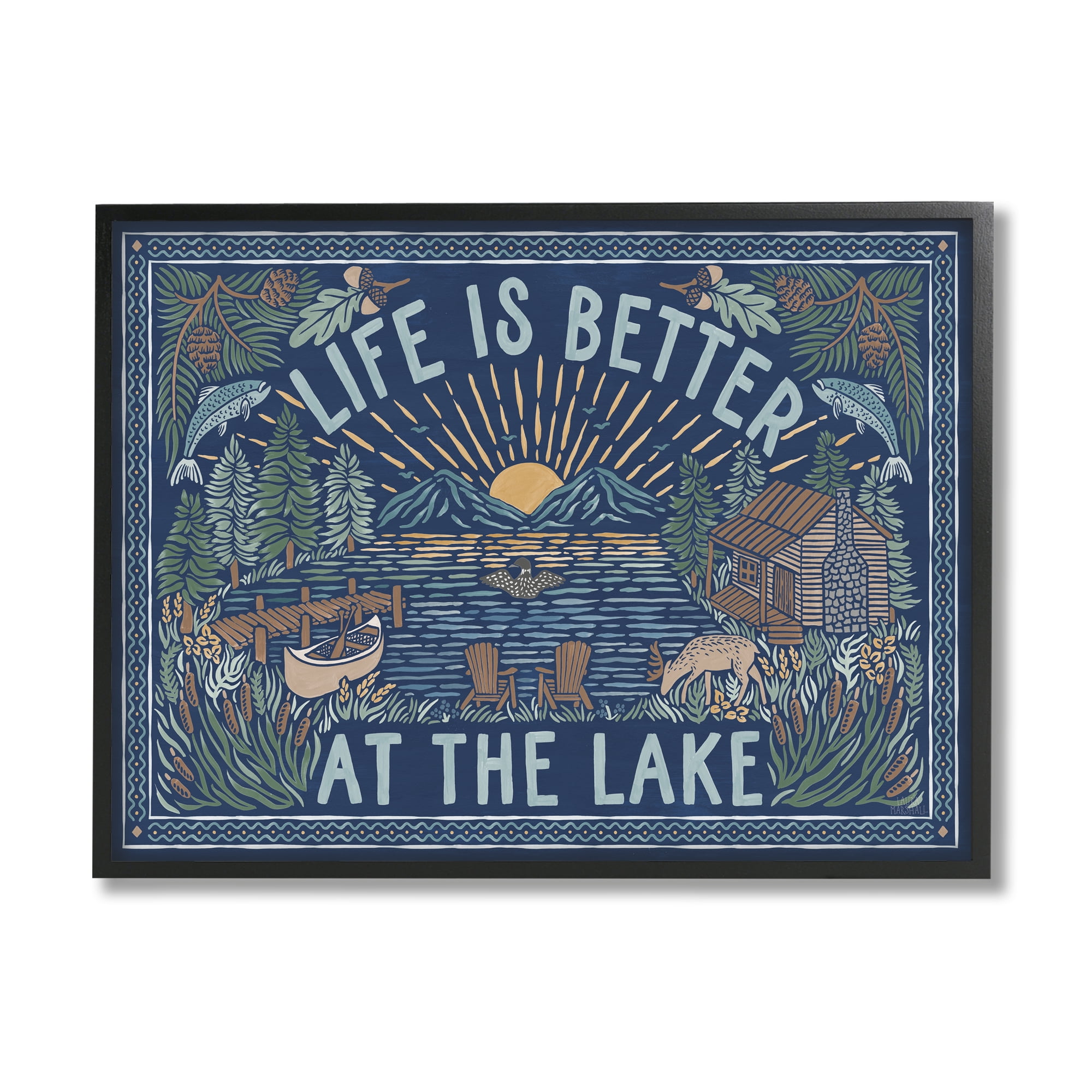 Stupell Industries Night Lake Scene Phrase Nature Painting Black Framed Art Print Wall Art, 20 x 16