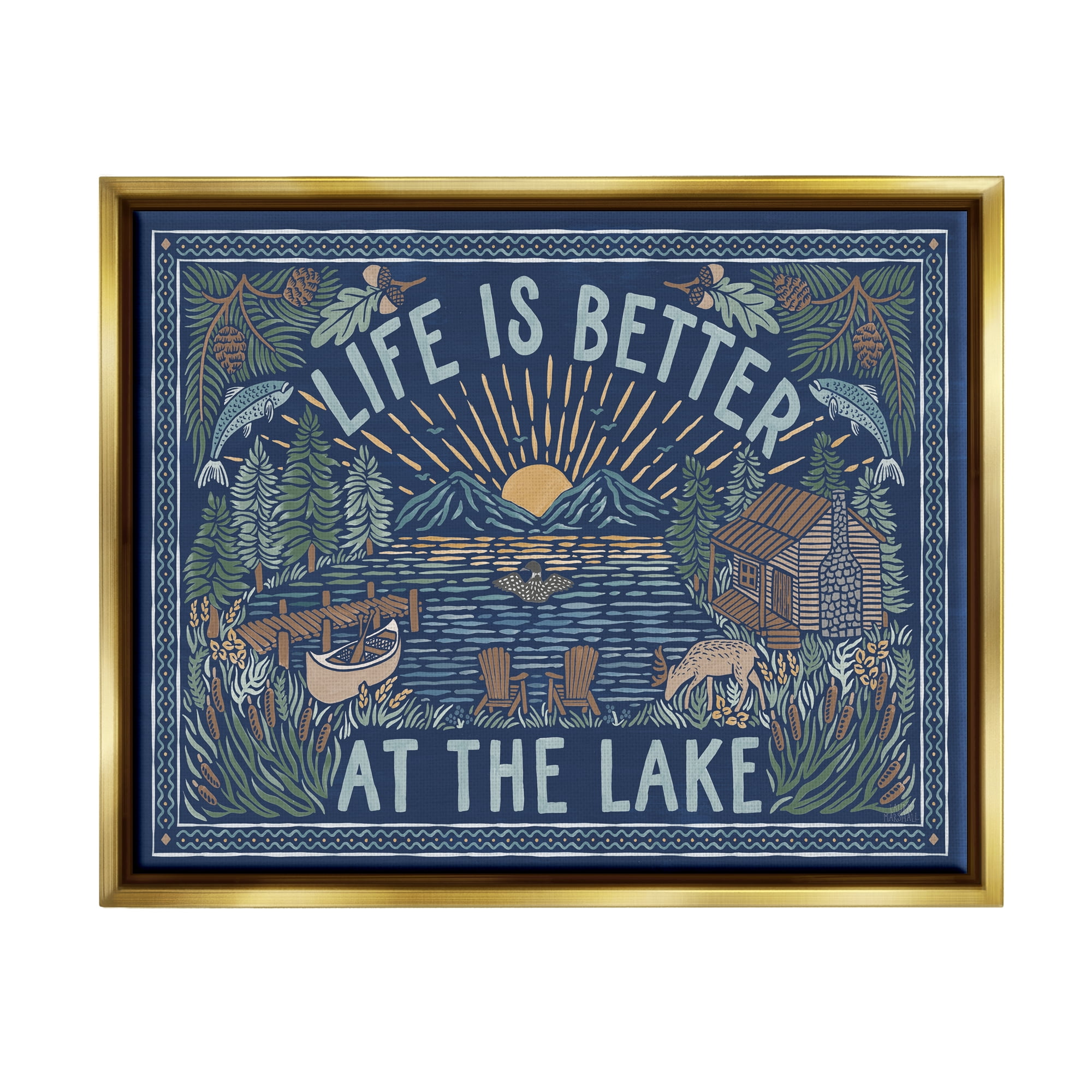 Stupell Industries Night Lake Scene Phrase Nature Painting Gold Floater Framed Art Print Wall Art, 31 x 25