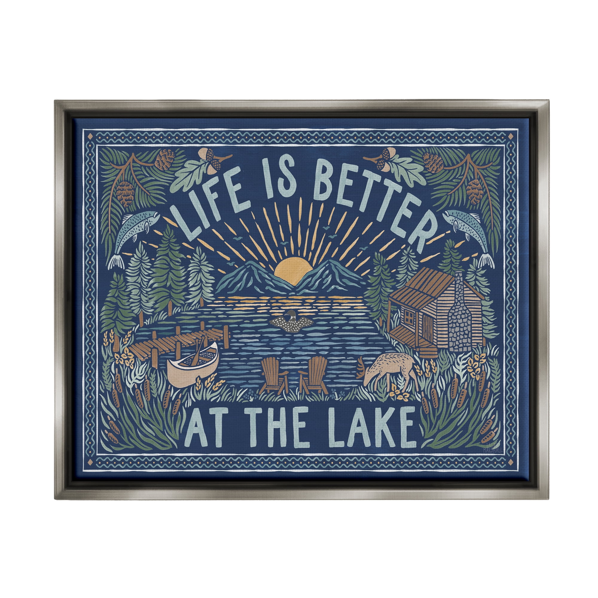 Stupell Industries Night Lake Scene Phrase Nature Painting Gray Floater Framed Art Print Wall Art, 31 x 25