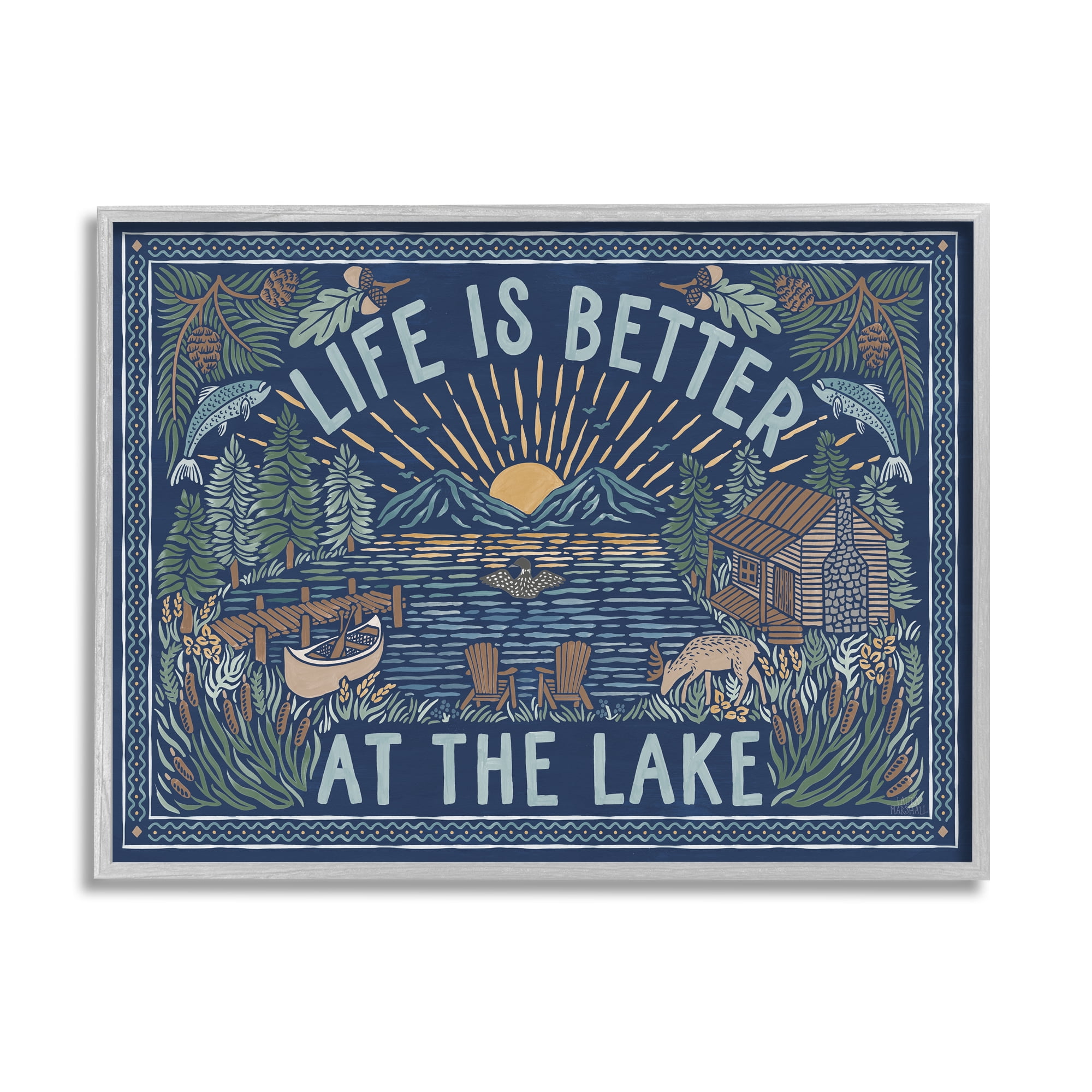Stupell Industries Night Lake Scene Phrase Nature Painting Gray Framed Art Print Wall Art, 30 x 24
