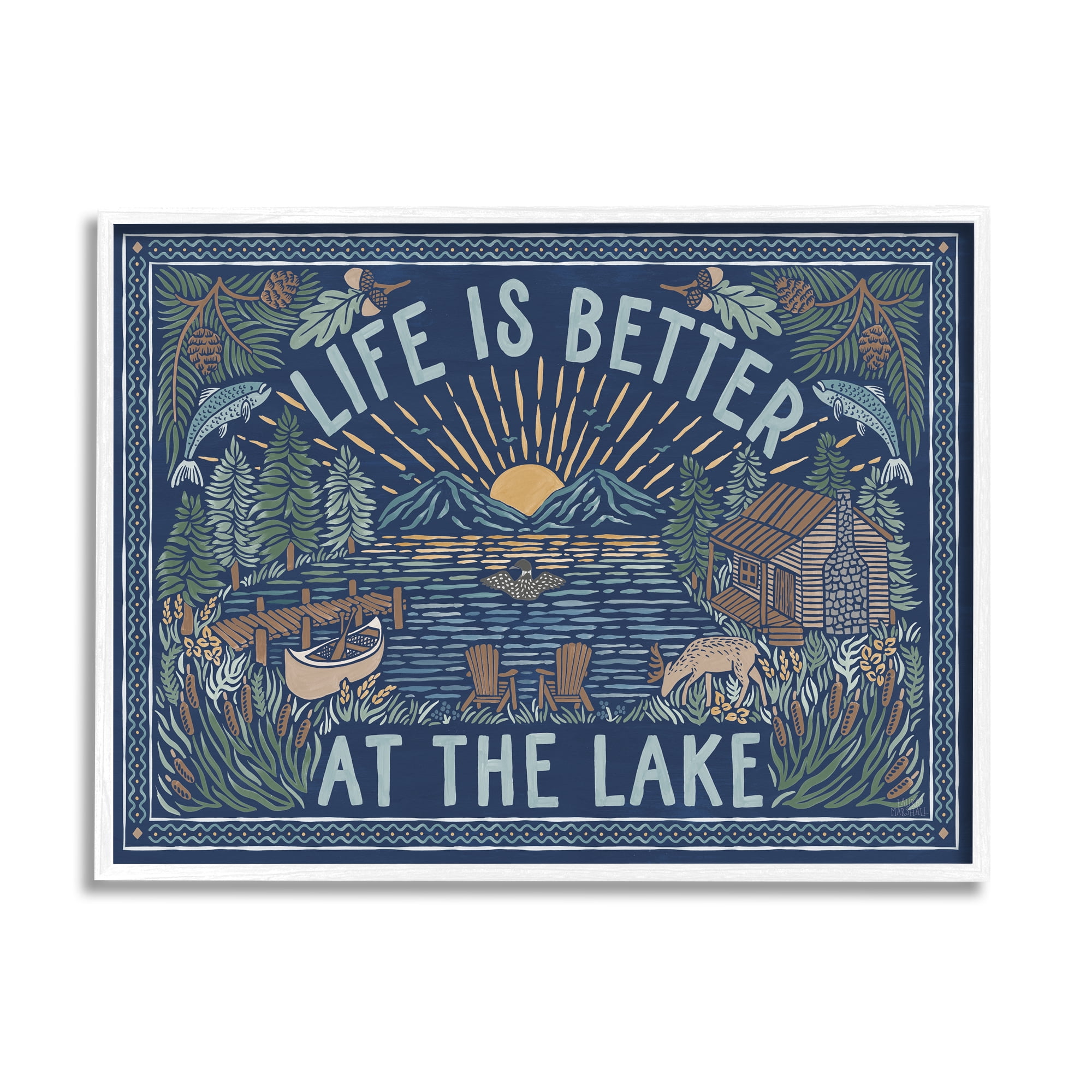 Stupell Industries Night Lake Scene Phrase Nature Painting White Framed Art Print Wall Art, 30 x 24