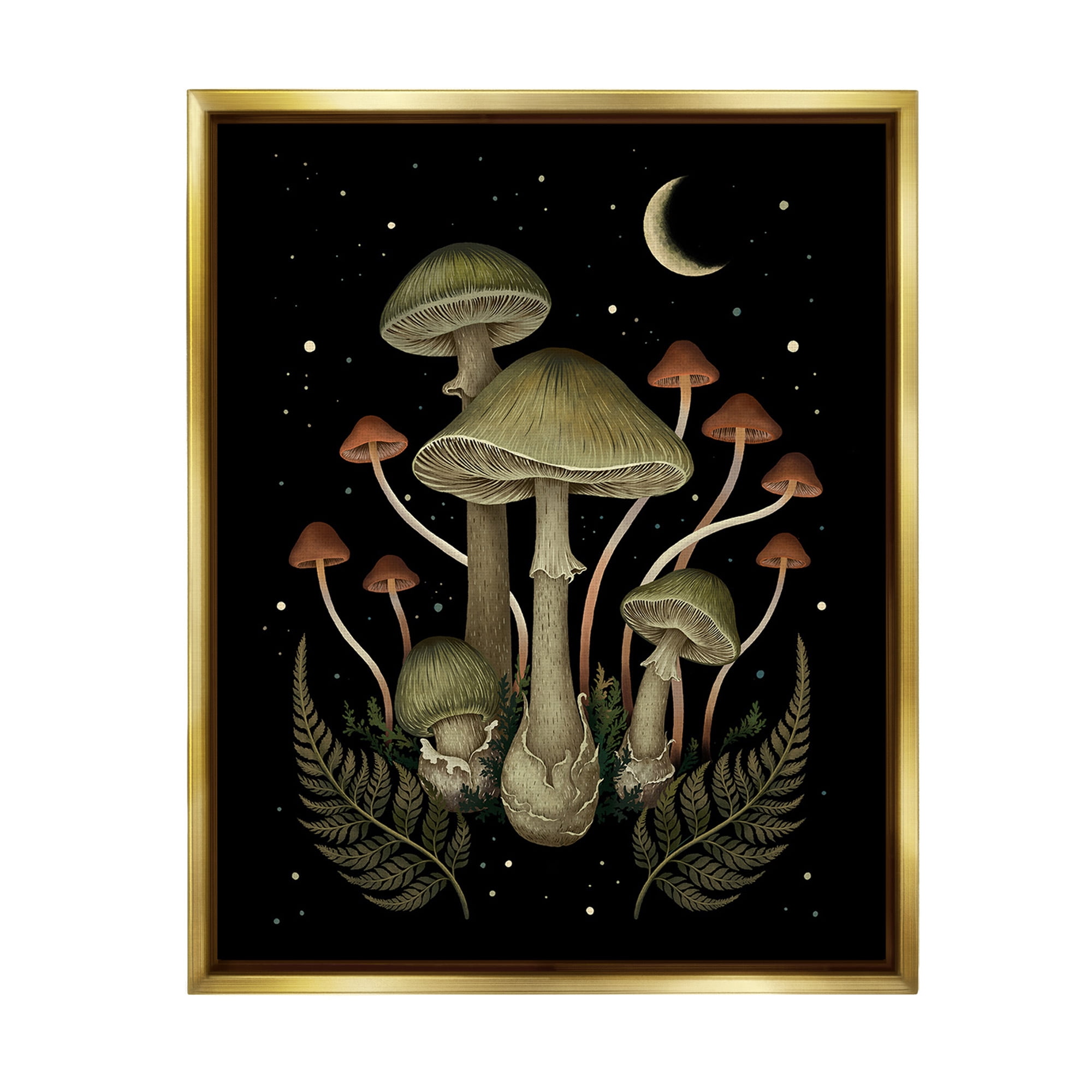 Stupell Industries Night Mushrooms & Ferns Botanical & Floral Painting Gold Floater Framed Canvas Art Print Wall Art, 25 x 31