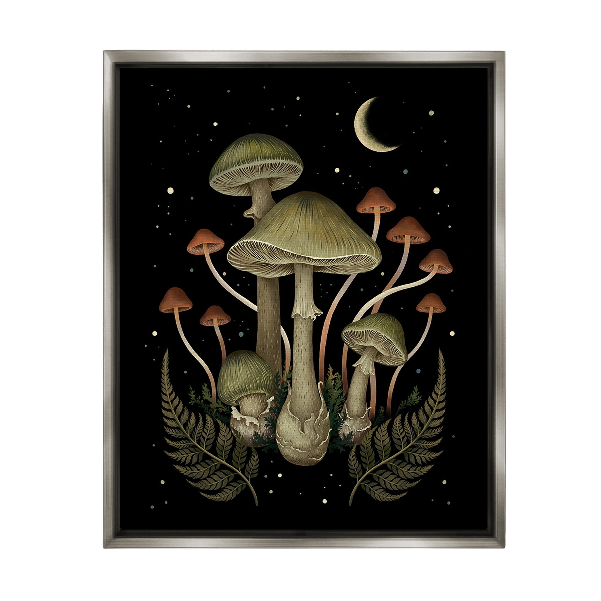 Stupell Industries Night Mushrooms & Ferns Botanical & Floral Painting Gray Floater Framed Canvas Art Print Wall Art, 17 x 21