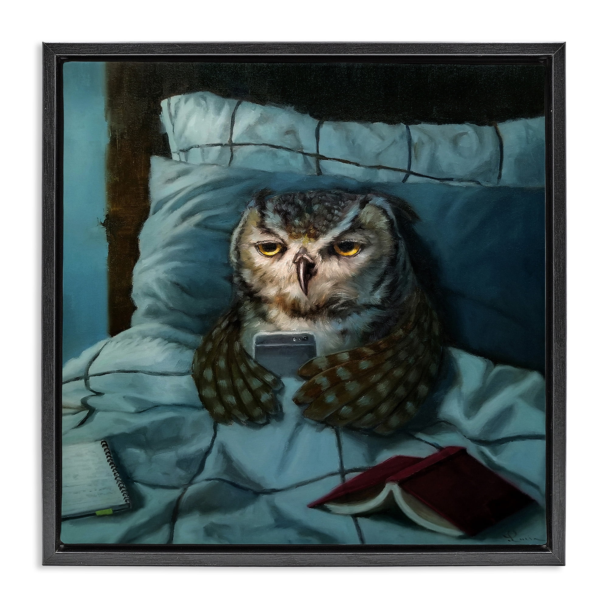 Stupell Industries Night Owl on Phone Animals & Insects Painting Black Floater Framed Canvas Art Print Wall Art, 25 x 25