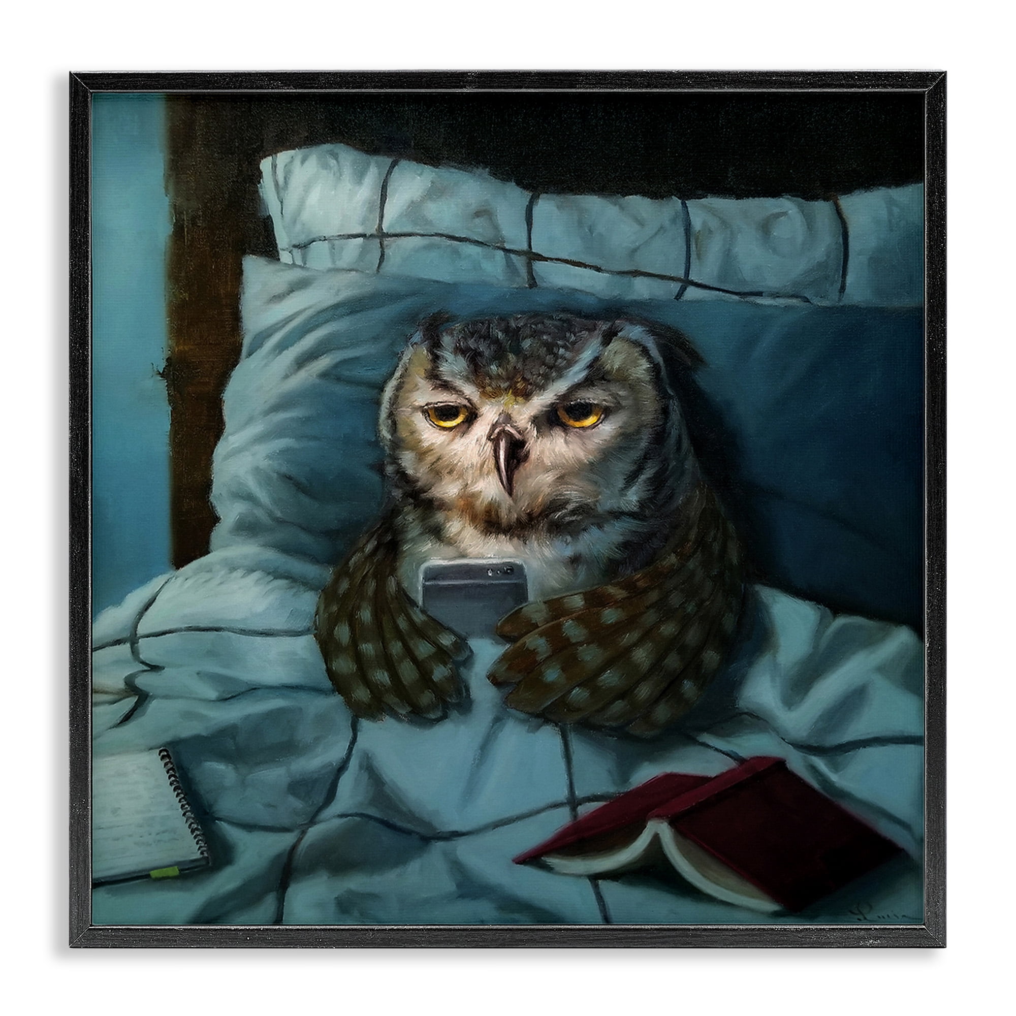 Stupell Industries Night Owl on Phone Animals & Insects Painting Black Framed Art Print Wall Art, 17 x 17