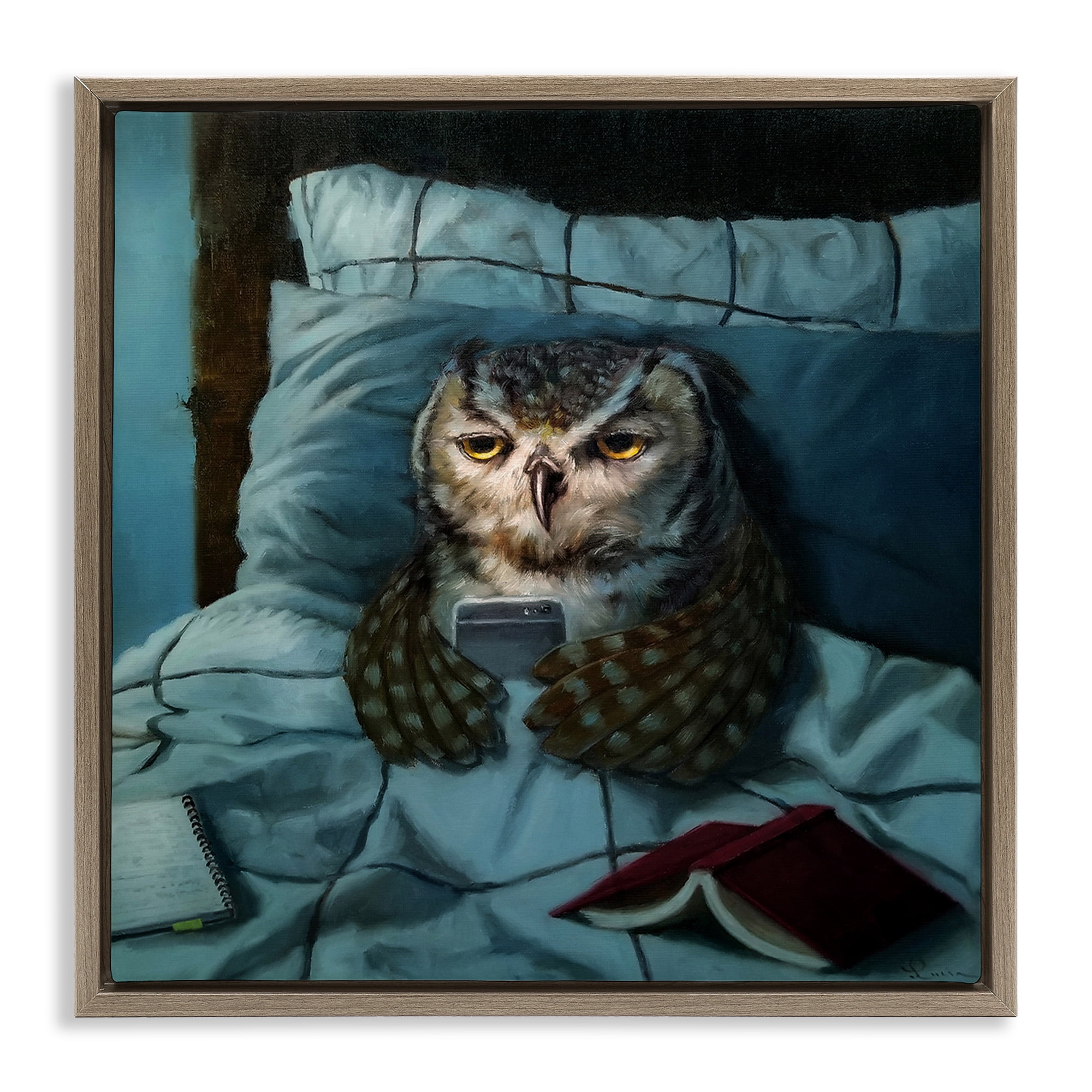 Stupell Industries Night Owl on Phone Animals & Insects Painting Brown Floater Framed Canvas Art Print Wall Art, 18 x 18