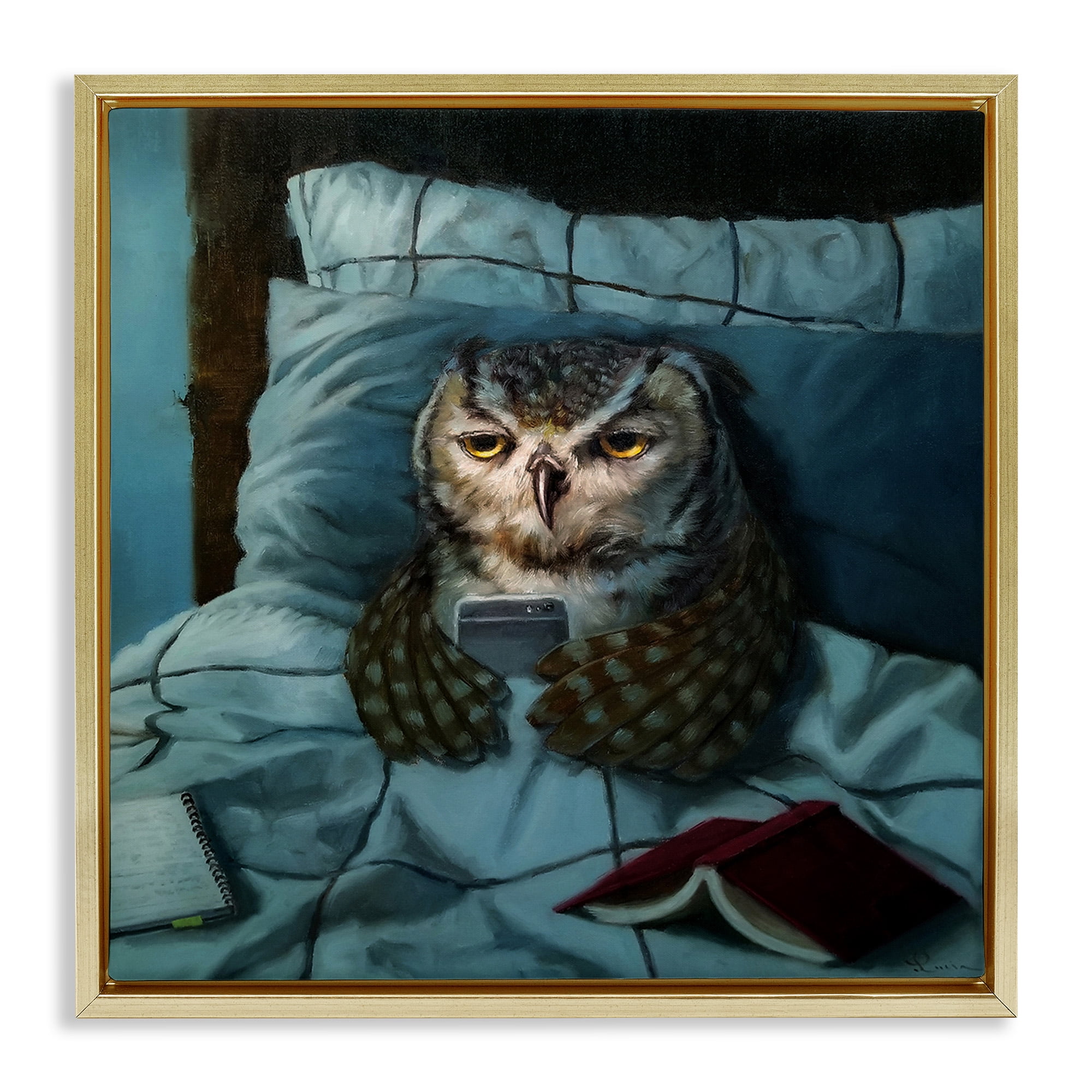 Stupell Industries Night Owl on Phone Animals & Insects Painting Gold Floater Framed Canvas Art Print Wall Art, 25 x 25
