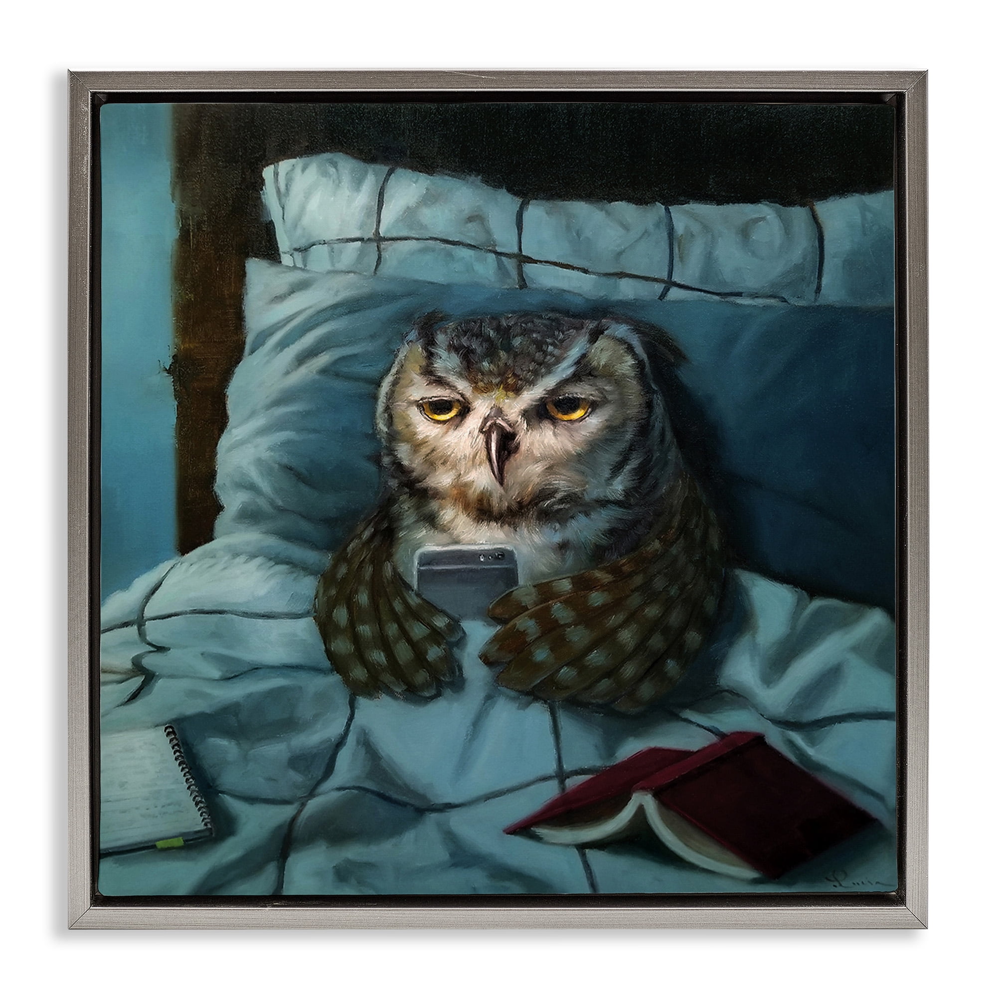 Stupell Industries Night Owl on Phone Animals & Insects Painting Gray Floater Framed Canvas Art Print Wall Art, 18 x 18