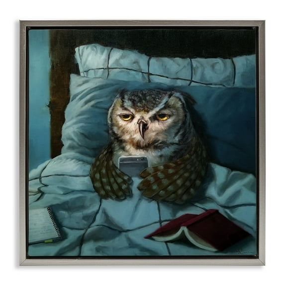 Stupell Industries Night Owl on Phone Animals & Insects Painting Gray Floater Framed Canvas Art Print Wall Art, 25 x 25