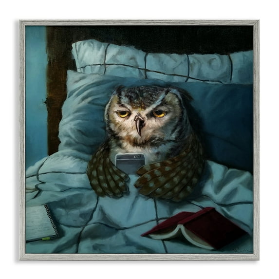Stupell Industries Night Owl on Phone Animals & Insects Painting Gray Framed Art Print Wall Art, 12 x 12