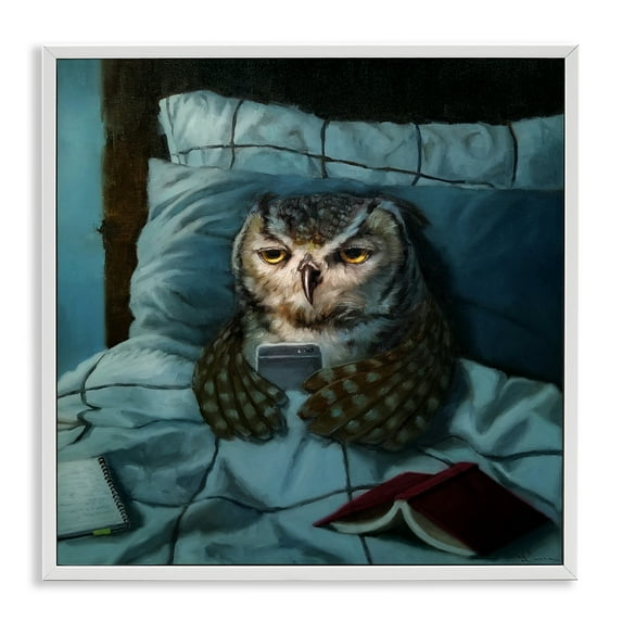 Stupell Industries Night Owl on Phone Animals & Insects Painting White Framed Art Print Wall Art, 12 x 12