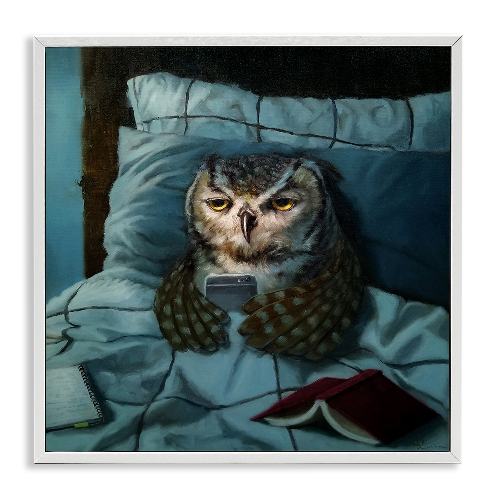 Stupell Industries Night Owl on Phone Animals & Insects Painting White Framed Art Print Wall Art, 24 x 24
