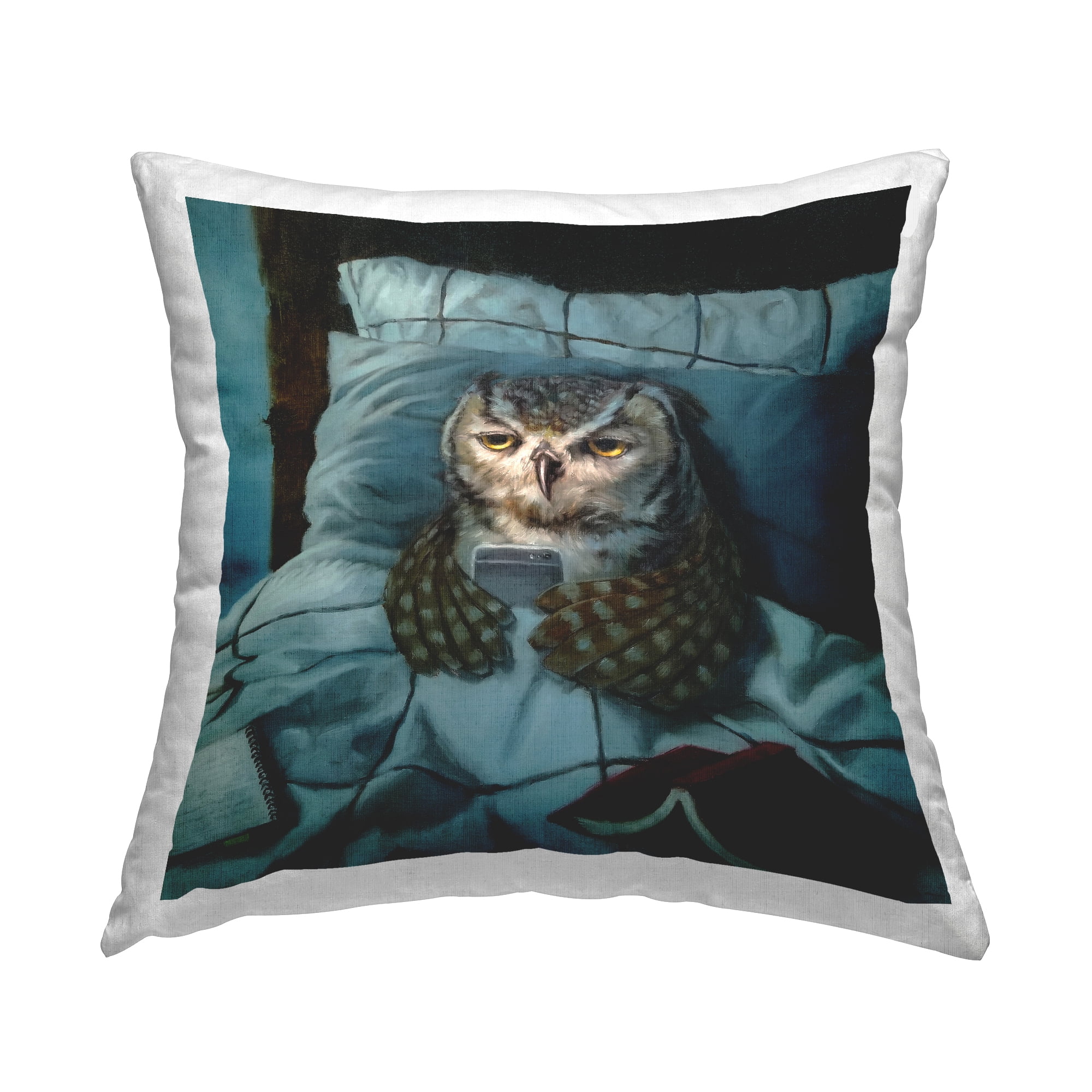 Stupell Industries Night Owl on Phone in Bed Funny Animal Novelty Blue,18 x 7 x 18 Decorative Pillows