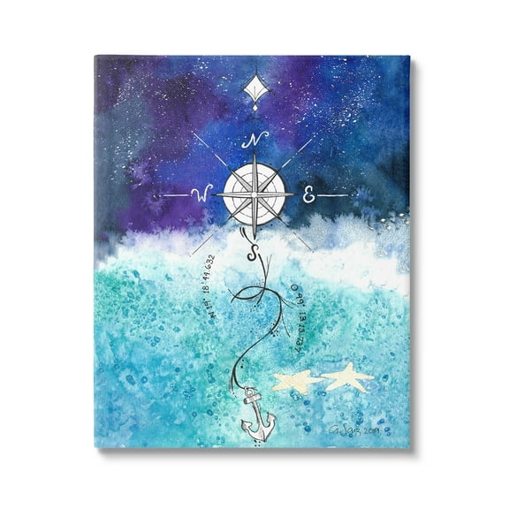 Stupell Industries Night Sky Blue Ombre Ocean Waves Nautical Compass Anchor Canvas Wall Art, 16 x 20, Design by Ale Saiz Studio