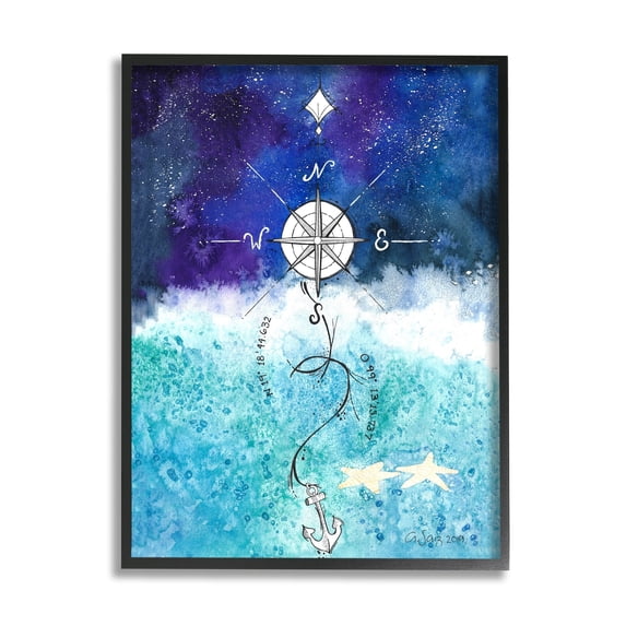 Stupell Industries Night Sky Blue Ombre Ocean Waves Nautical Compass Anchor Framed Wall Art, 16 x 20, Design by Ale Saiz Studio