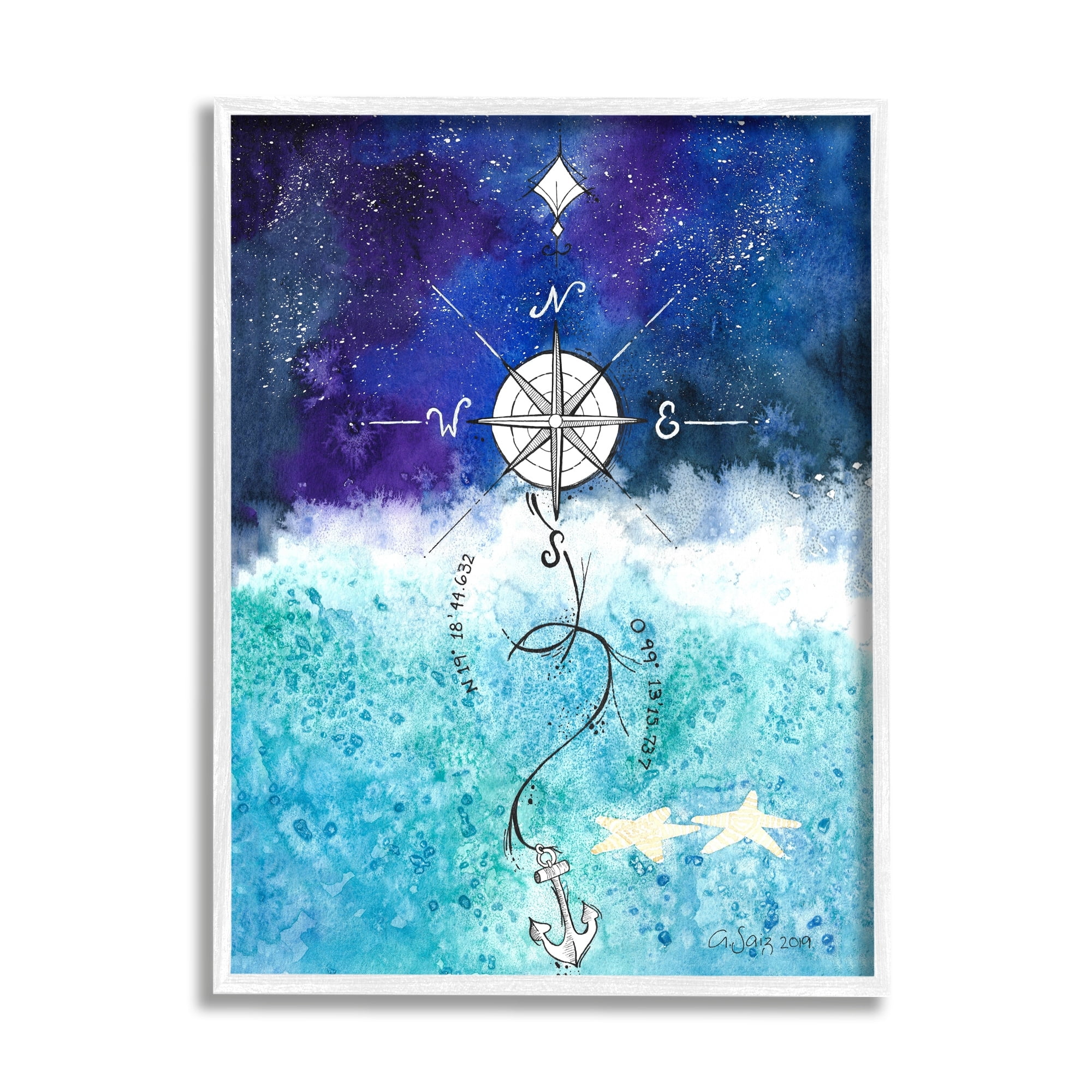 Night Sky Blue Ombre Ocean Waves Nautical Compass Anchor Coastal Painting Framed Art Print Wall Art