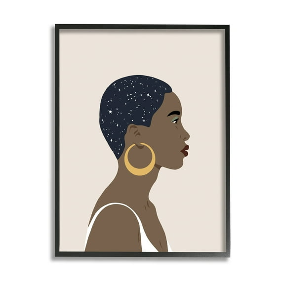 Stupell Industries Night Sky Constellation Hairstyle Glam Female Portrait Novelty Painting Black Framed Art Print Wall Art, 24 x 30