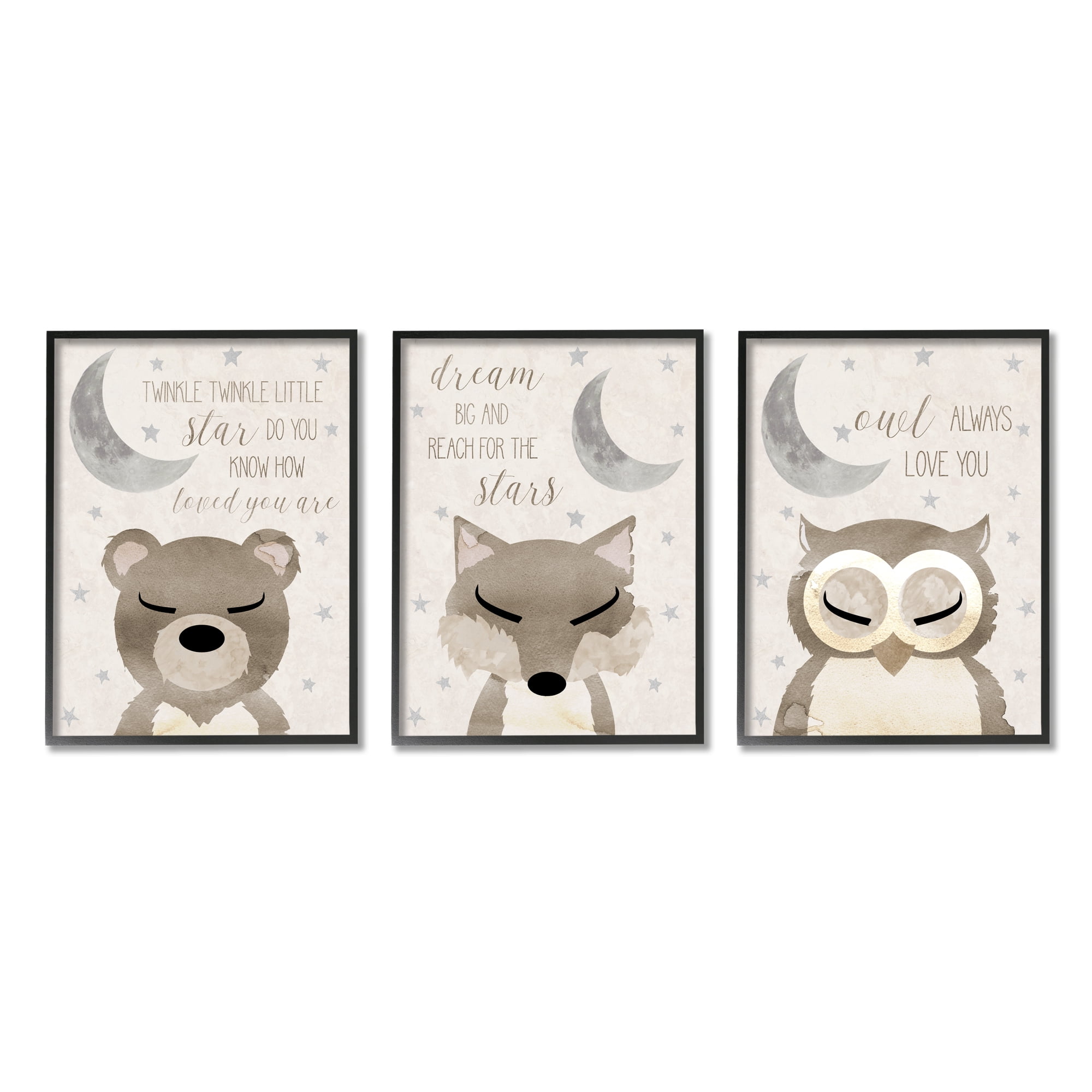 Stupell Industries Nighttime Animals & Lullabies Animals & Insects Painting Black Framed Art Print Wall Art, 24 x 30, Set of 3