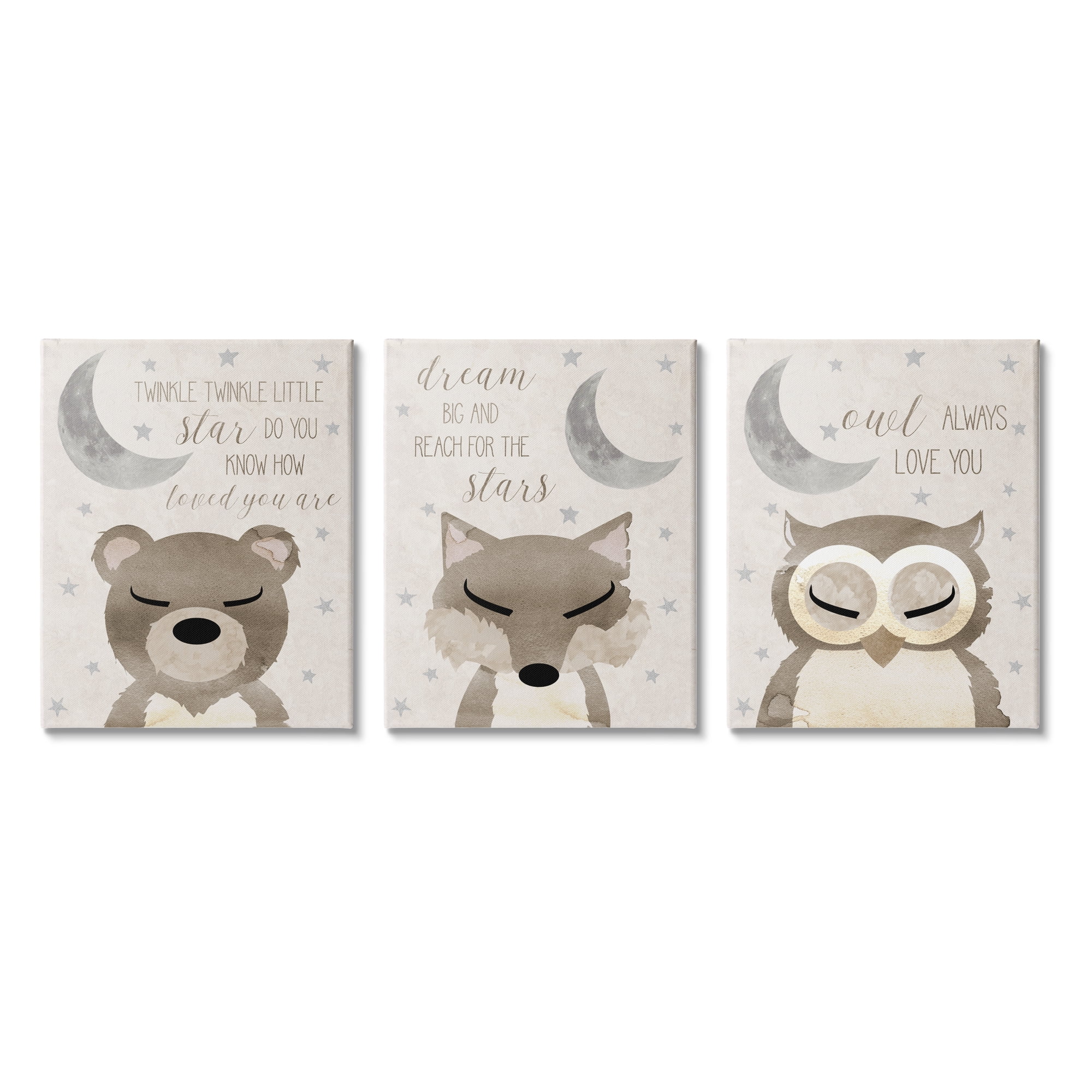 Stupell Industries Nighttime Animals & Lullabies Animals & Insects Painting Gallery Wrapped Canvas Art Print Wall Art, 16 x 20, Set of 3