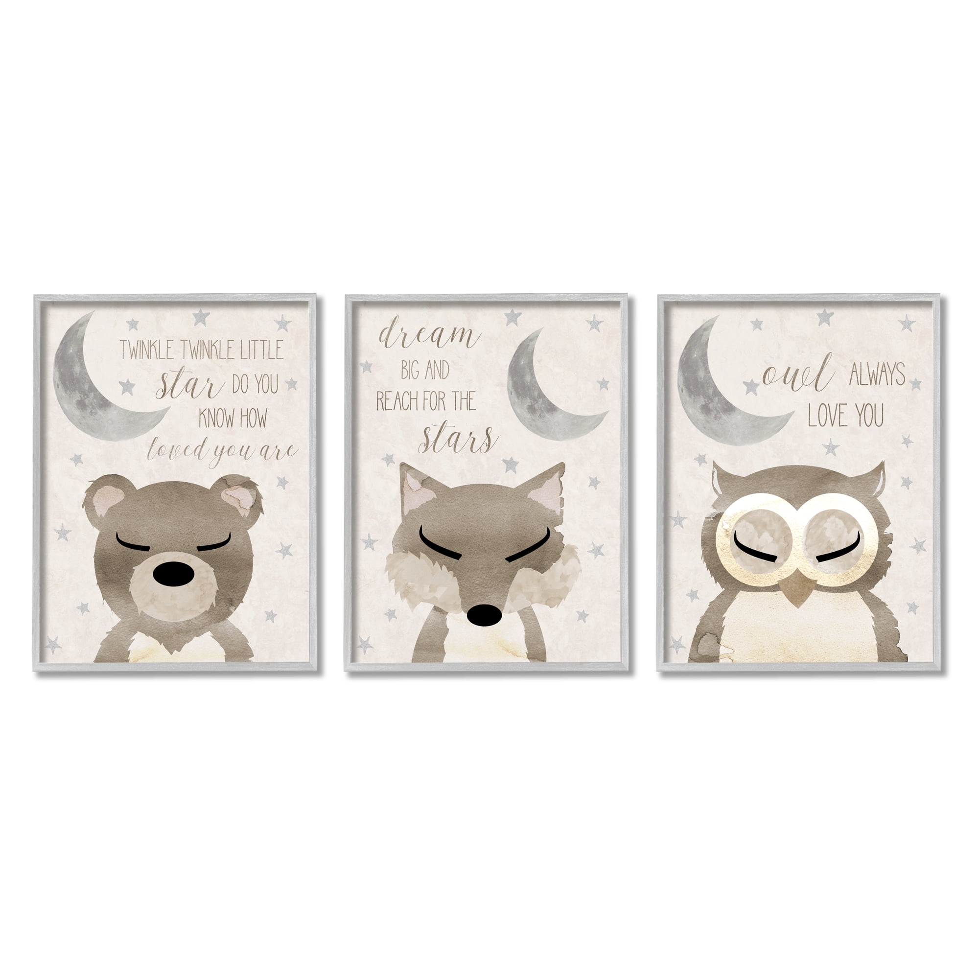 Stupell Industries Nighttime Animals & Lullabies Animals & Insects Painting Gray Framed Art Print Wall Art, 24 x 30, Set of 3